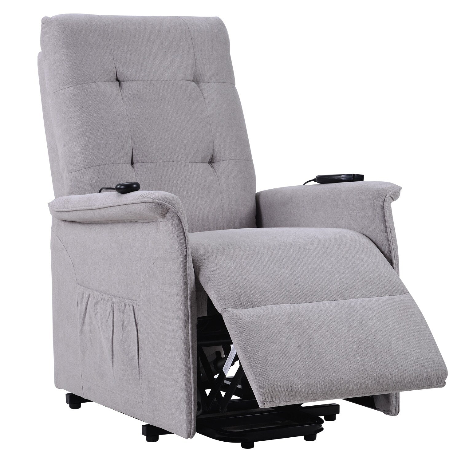 Grey Elderly Lift Recliner with Adjustable Massage, Overstuffed Cushioning, Remote Control, and Convenient Side Pockets