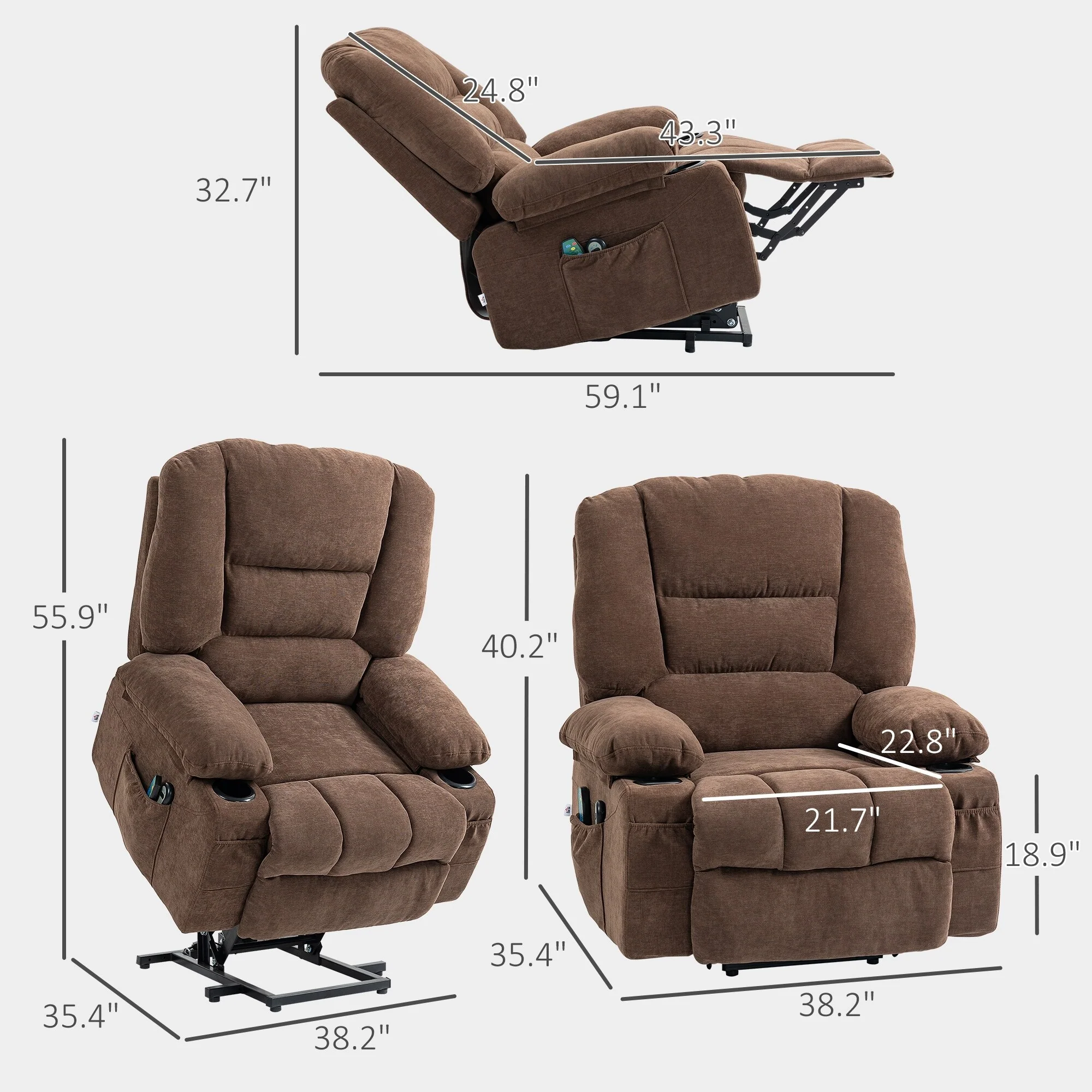 Brown Electric Lift Recliner Chair with Vibration Massage, Heating, Adjustable Position, Remote Control and Side Pockets,