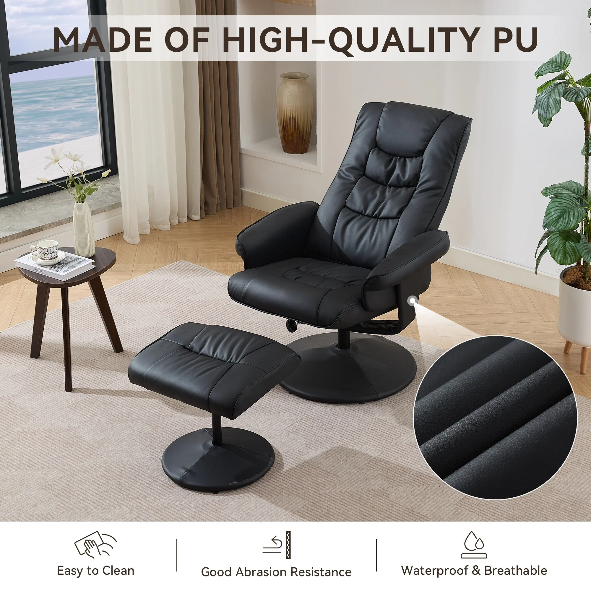 Swivel Recliner Chair with Ottoman, Heated Seat, 5-Point Vibration Massage and 140�� Adjustable Backrest