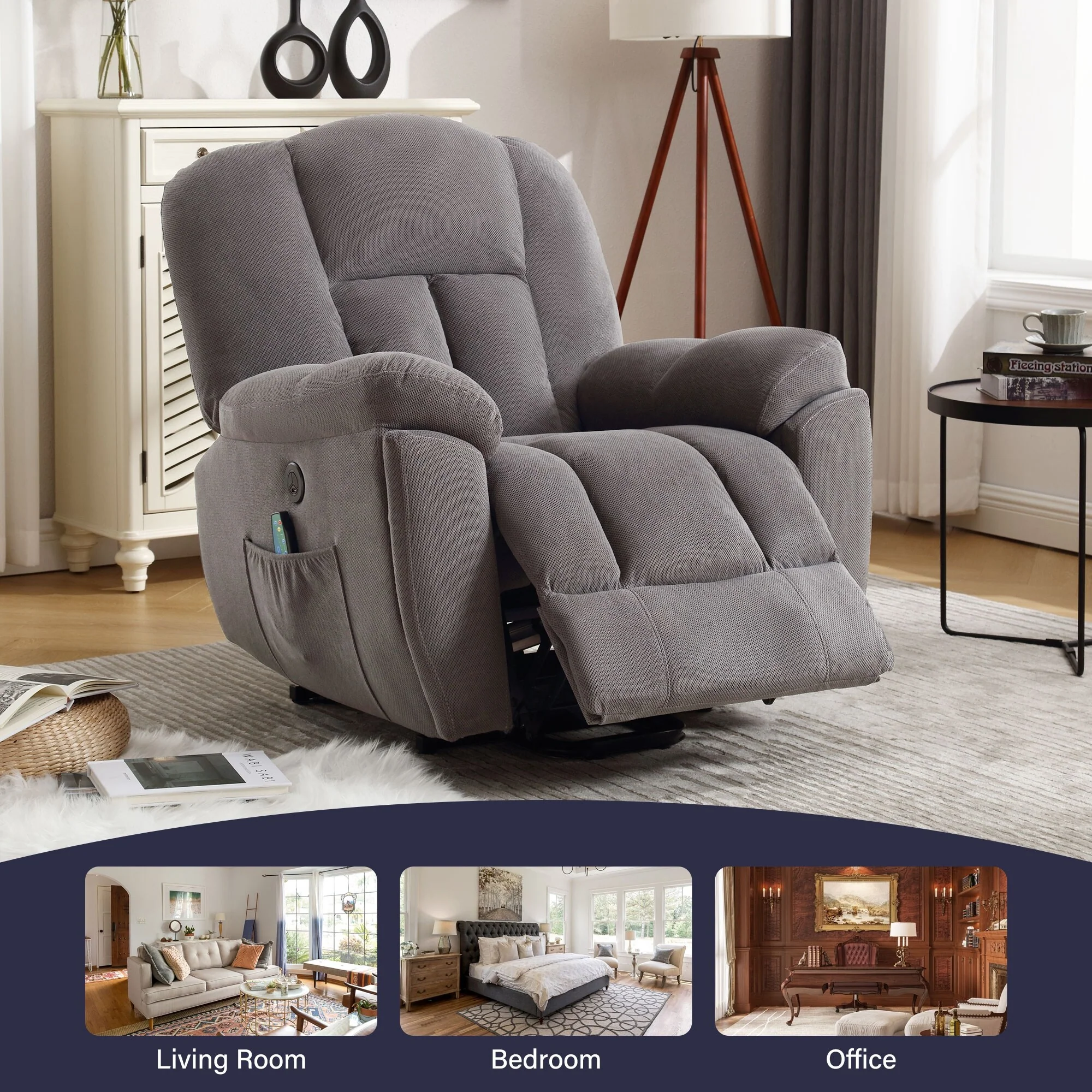 Grey Electric Power Lift Recliner Chair with Heat, Massage, Infinite Position, USB Charging, Side Pockets