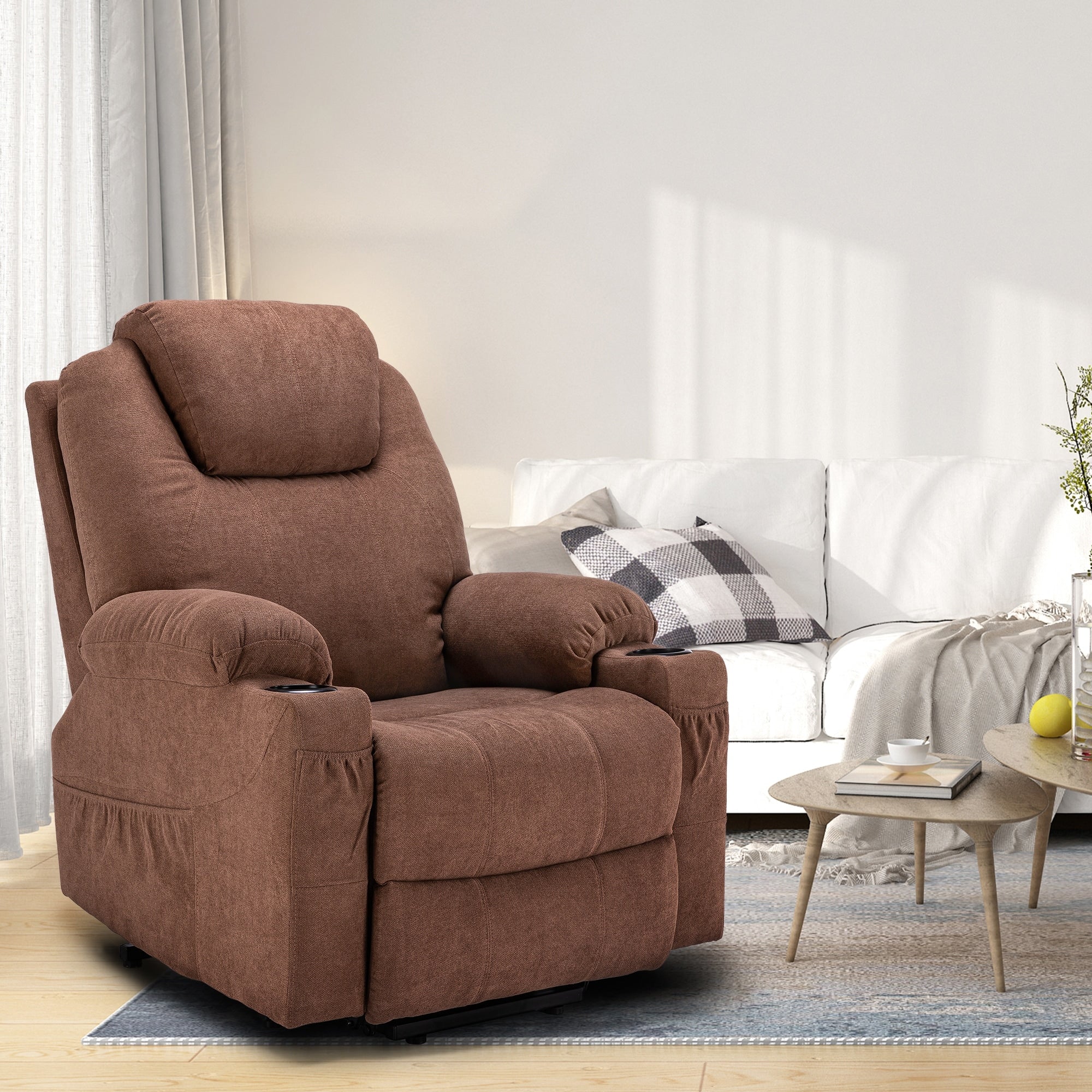 Modern Off White Reclining Chair Faux Leather/Fabric Massage