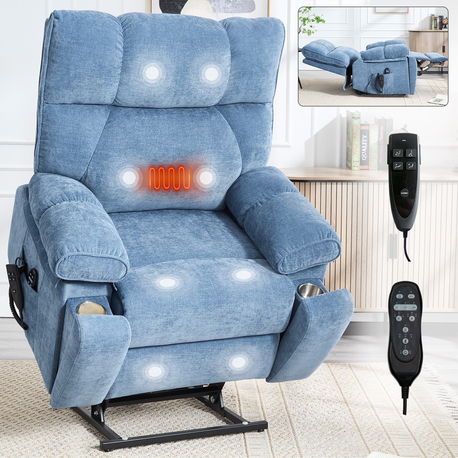 Oversized Power Lift Recliner with Dual Motors, Heat & Massage Functions, Infinite Position Recline, Hidden Cup Holders