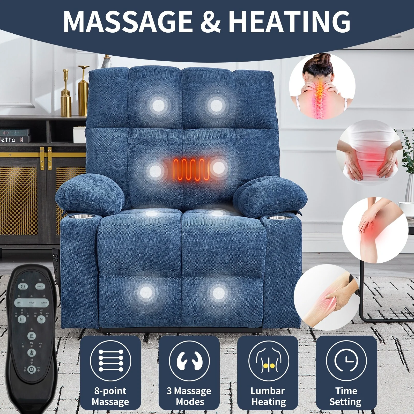 Lift Recliner Chair, Heavy Duty Motion Mechanism with 8-Point Vibration Massage and Lumbar Heating, Dual Cup Holders