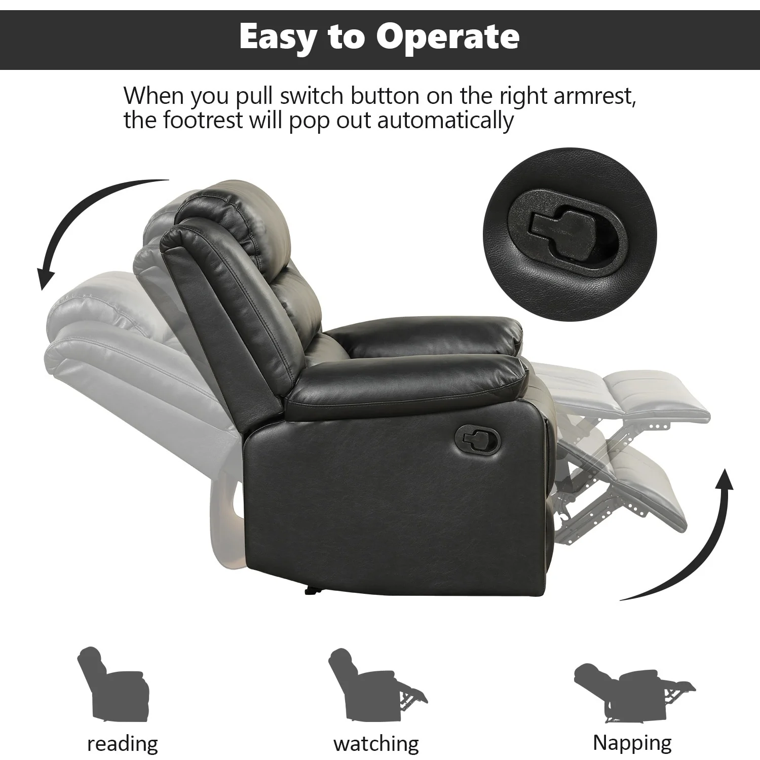 Breathable PU Leather Manual Recliner Chair with Overstuffed Arm and Back