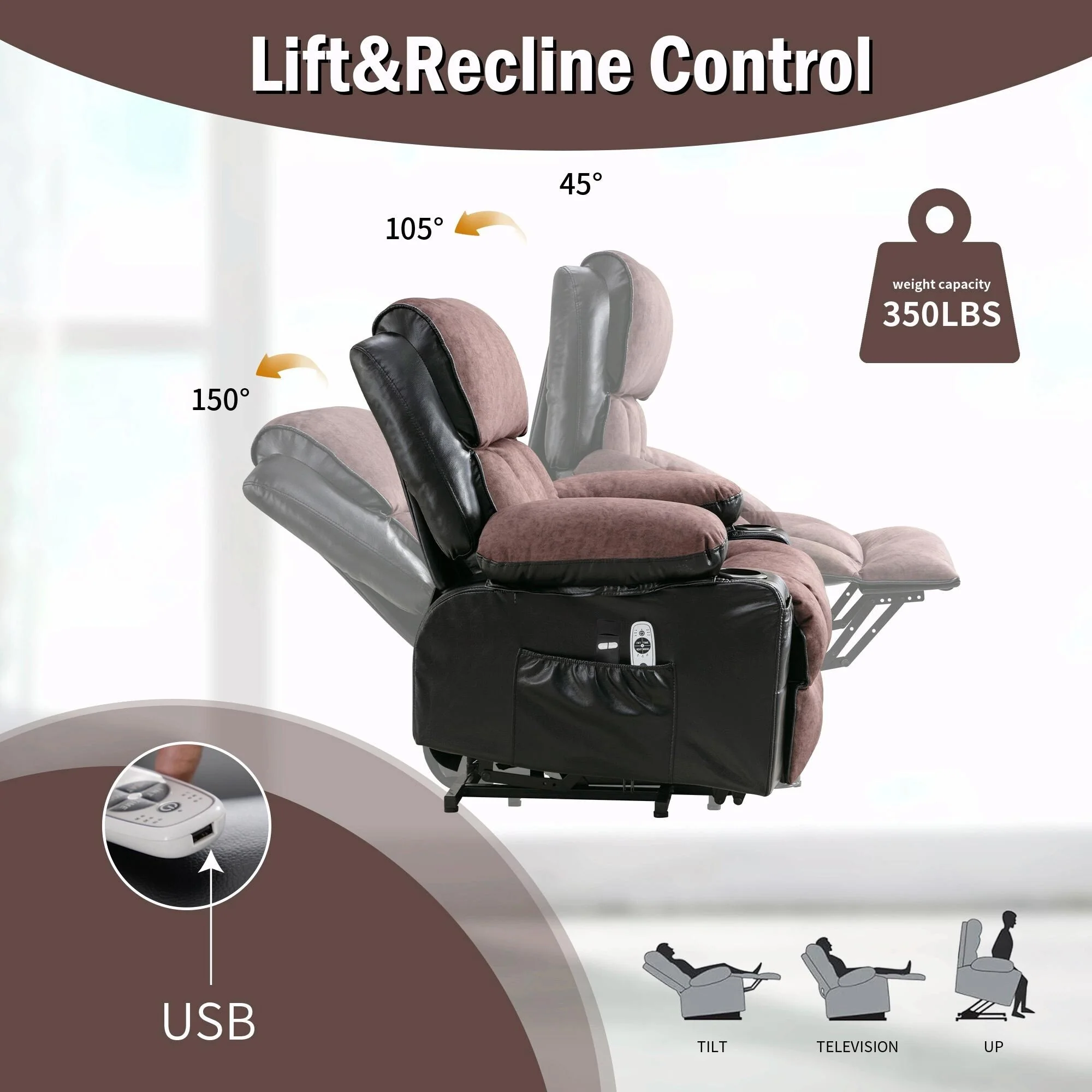 Power Electric Massage Lift Lounge Chair with Heating and Vibration Functions, Fleece Leather with USB