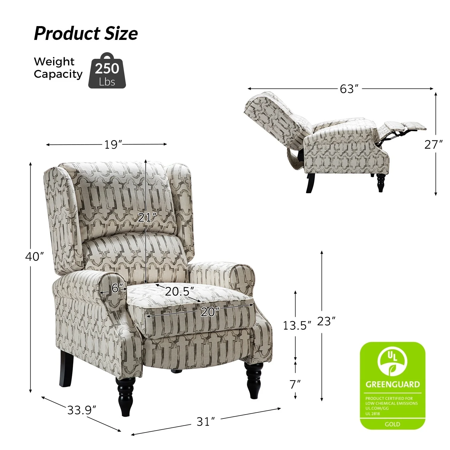 Olympus Upholstered Classic Manual Wingback Recliner with Solid Wood Legs Set of 2 by HULALA HOME