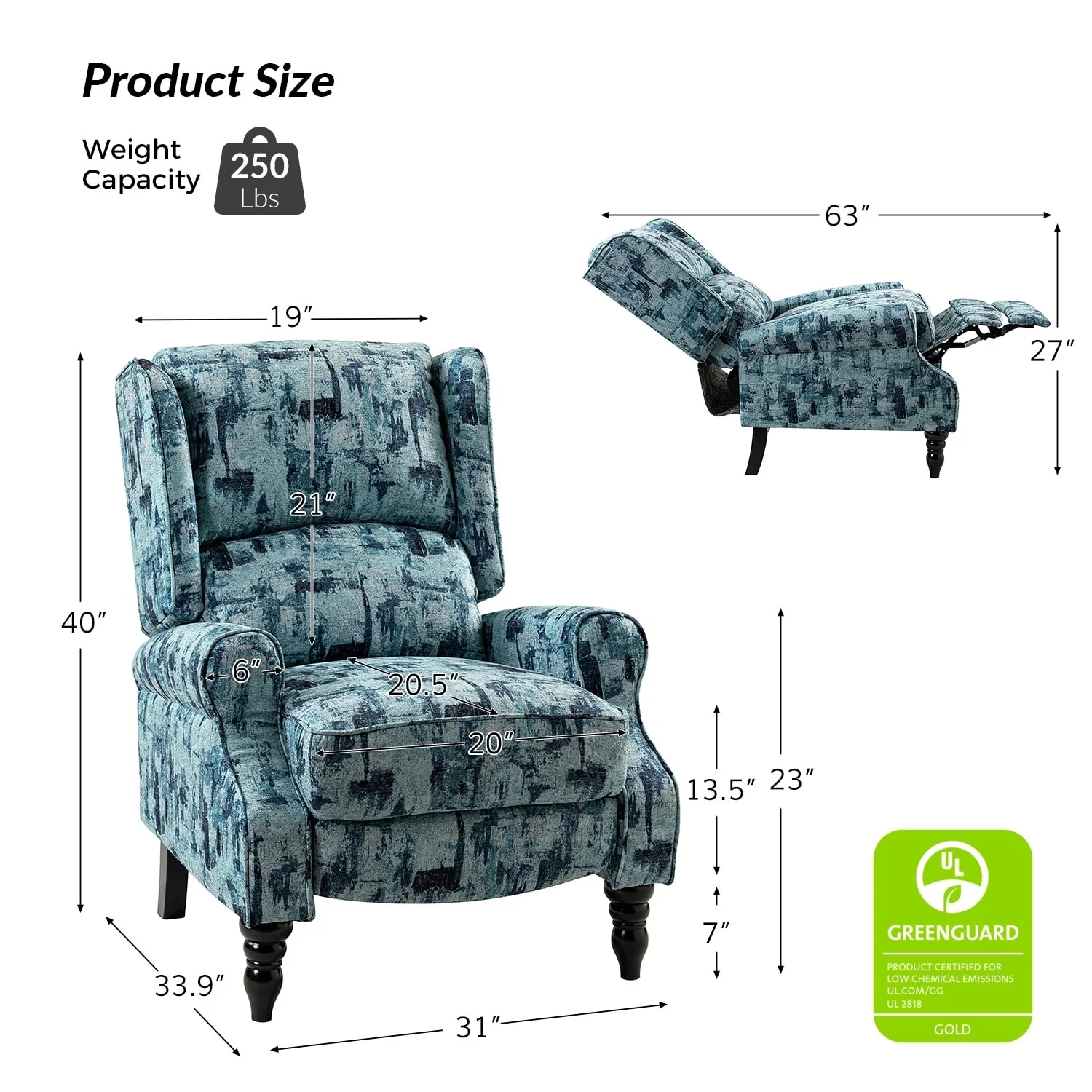 Olympus Upholstered Classic Manual Wingback Recliner with Solid Wood Legs by HULALA HOME