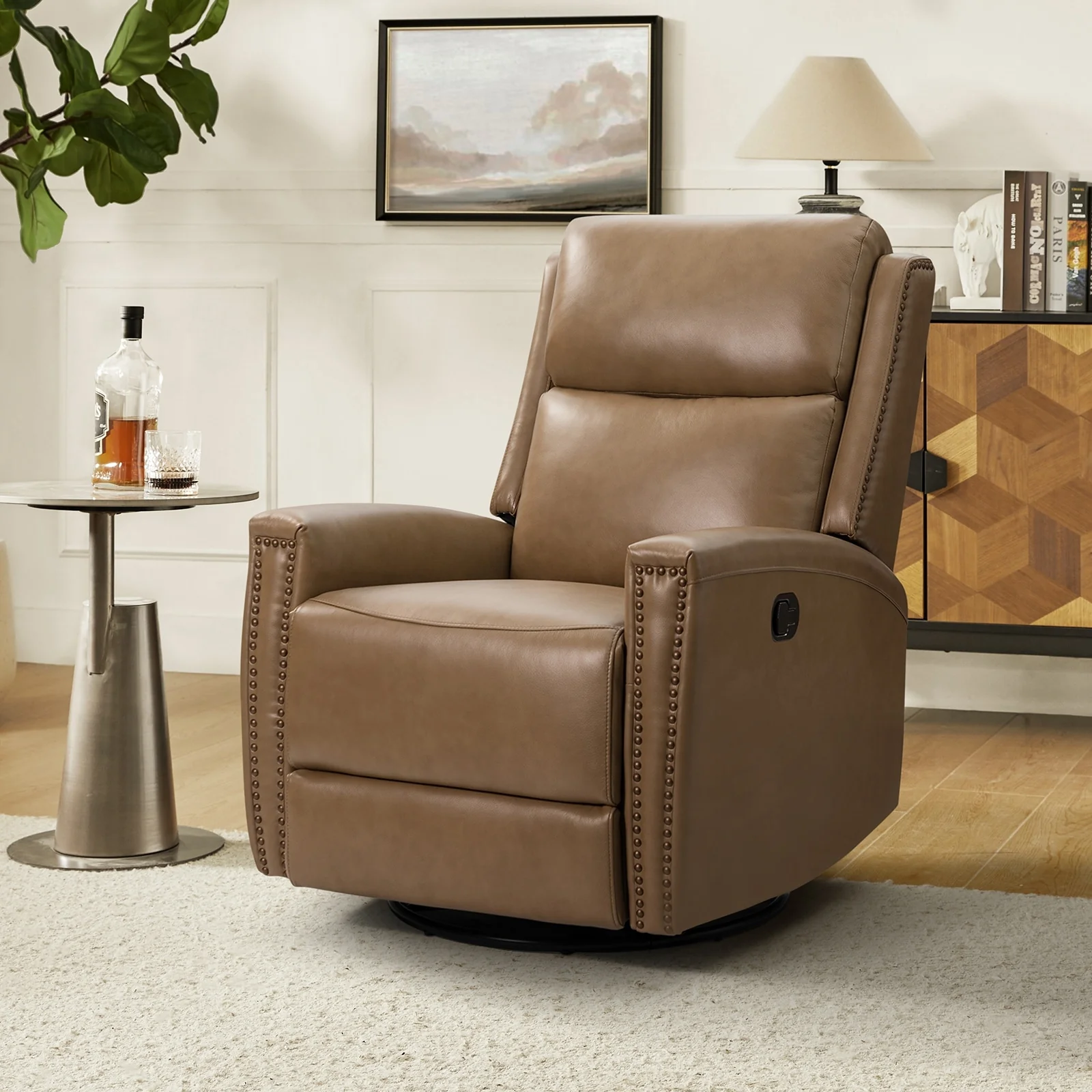 Fiacro 30.31Wide Modern Genuine Leather Wingback Swivel Rocker Recliner with Nailhead Trims
