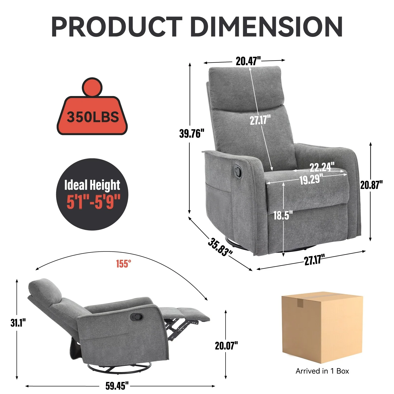 8 Point Vibration 360�� Swivel Massage Chair, Adjustable Backrest Manual Recliner Chair with Massage and Lumbar Heating