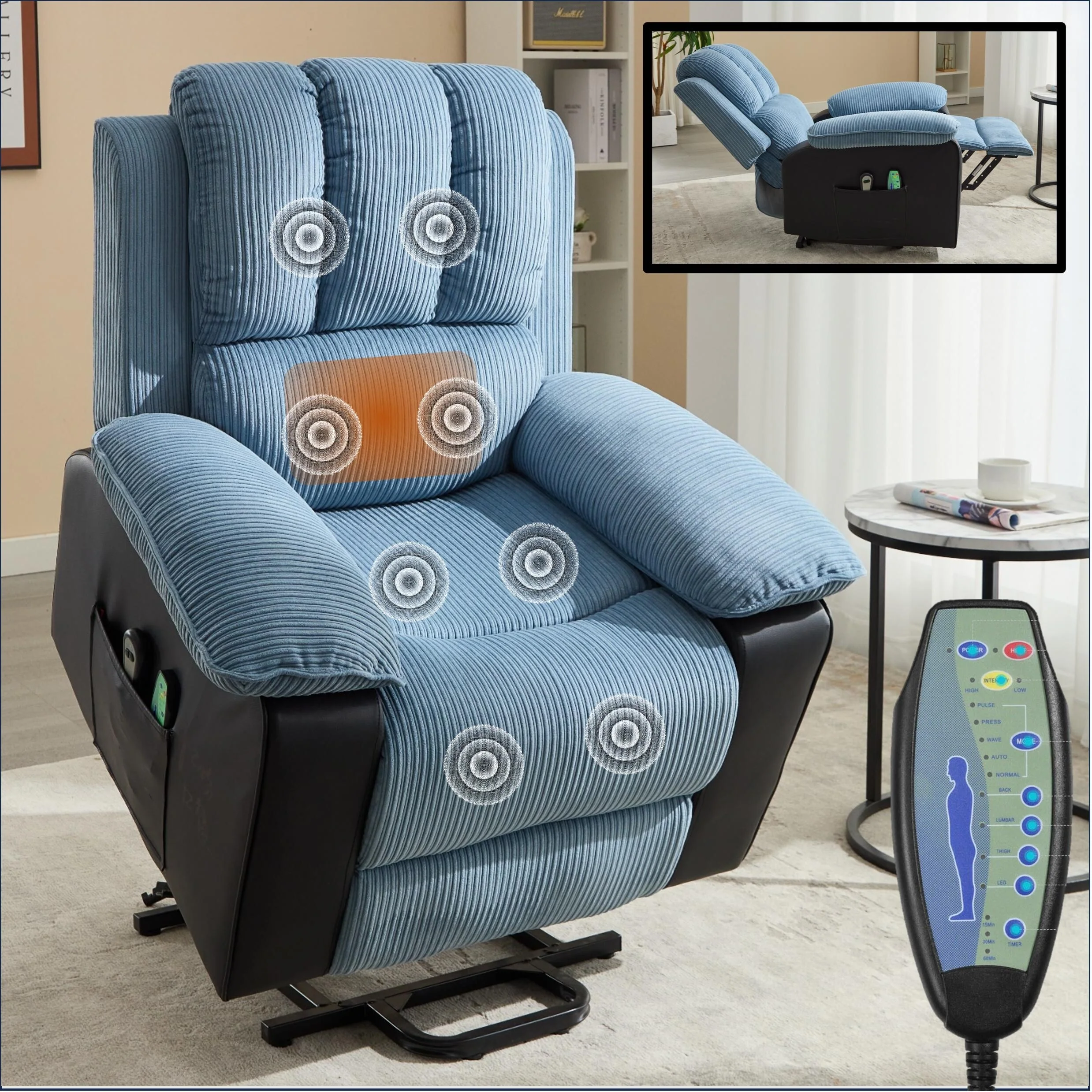 Blue Modern Heated Recliner Chair with 8 Massage Motors, 10 Intensity Levels, Perfect for Living Room Relaxation