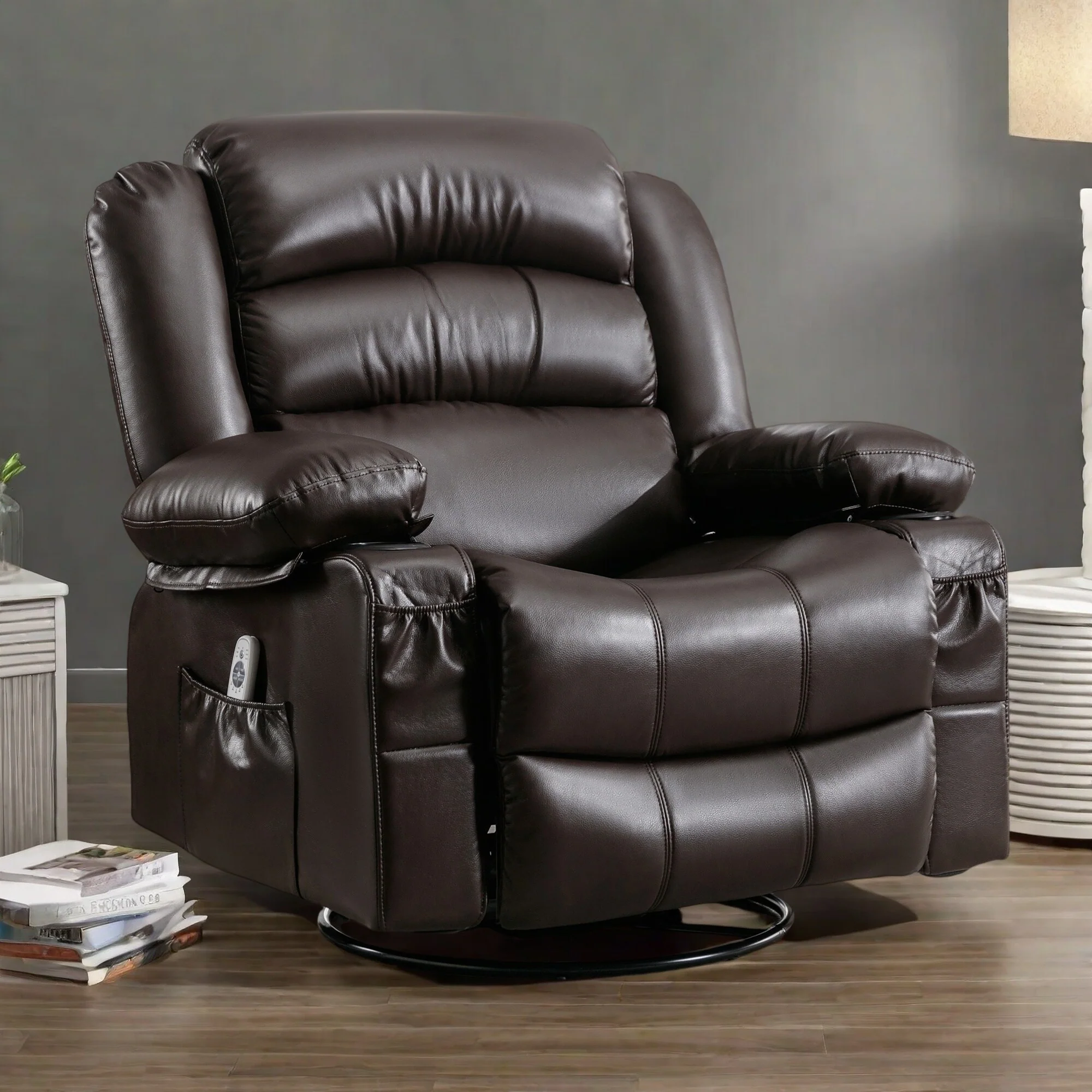 360�� Swivel Massage Recliner Chair with Heat, PU Leather, 8-Point Massage, USB Charging and Storage Pockets