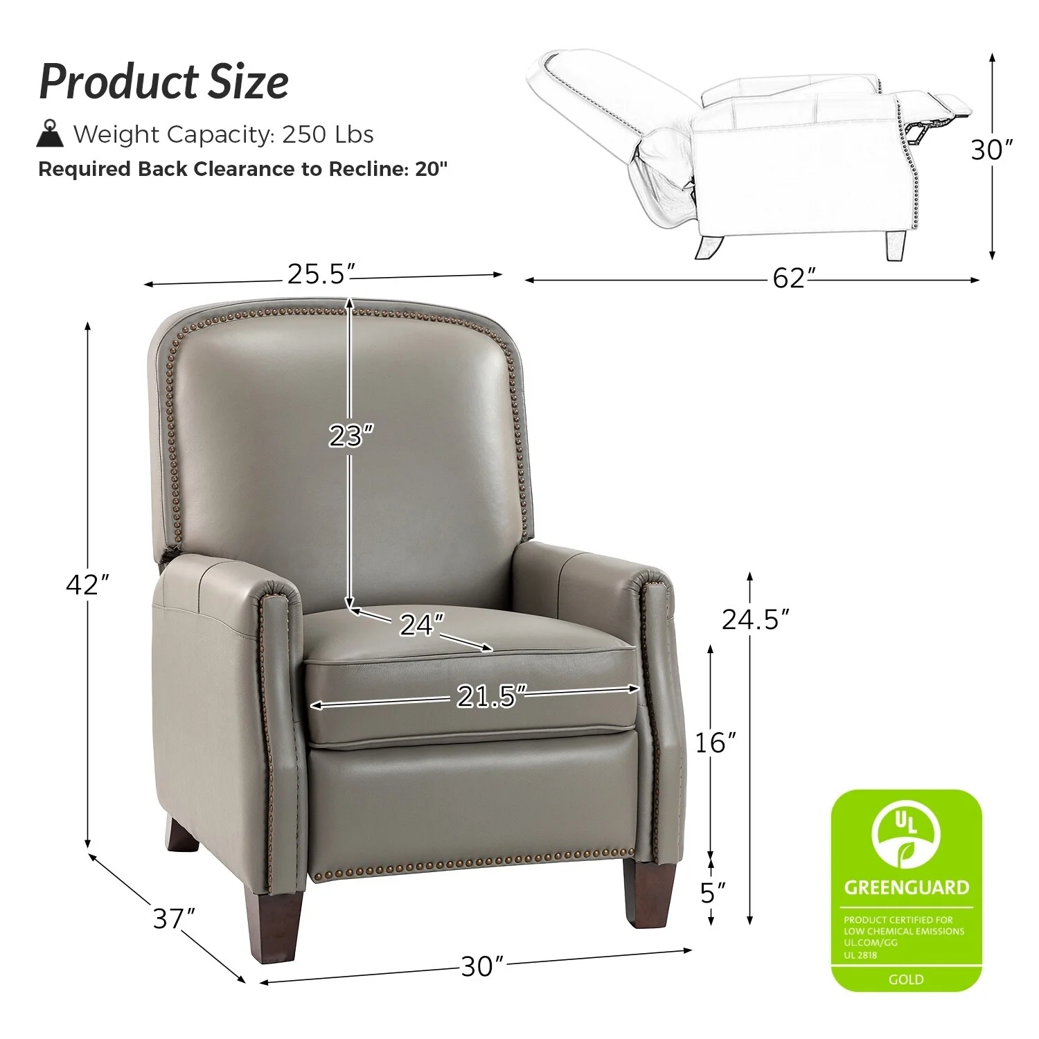 Gladis Modern Retro Genuine Leather Recliner with Nailhead Trim by HULALA HOME