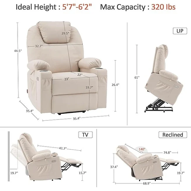 MCombo Large Power Lift Recliner Leather Chair with Massage, Heat, Cup Holders,Extended Footrest, Leather 7516