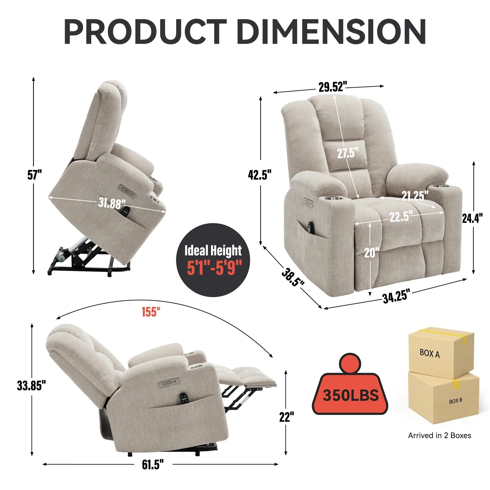 Lift Recliner Chair with Massage and Heat for Elderly, Overstuffed Wide Recliners, Heavy Duty Motion Mechanism with USB