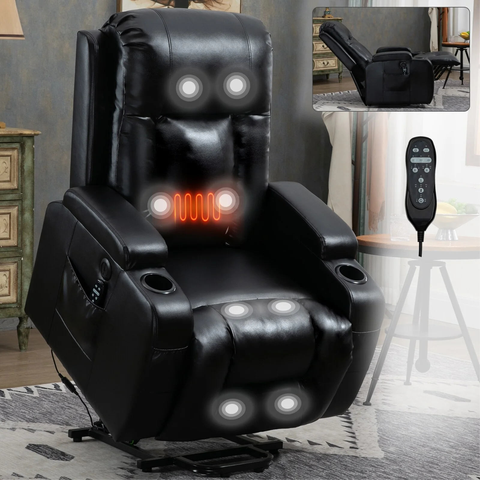 Black Power Lift Recliner with Massage, Lumbar Heat, USB, and Cup Holders