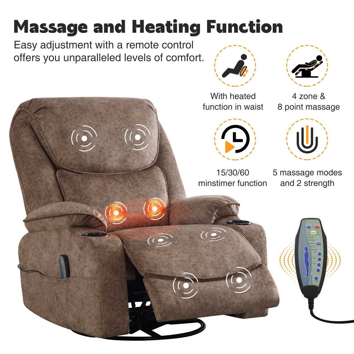 HOMYKA Swivel Manual Rocking Recliner Chair with Massage and Heat
