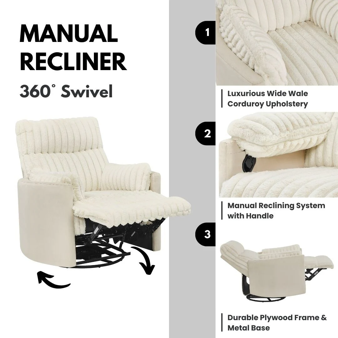 Swivel Recliner Chair with 360�� Rotation and Manual Recline - Wide Plush Seat, Pillow-Top Arms, Pocket/Sinuous Springs