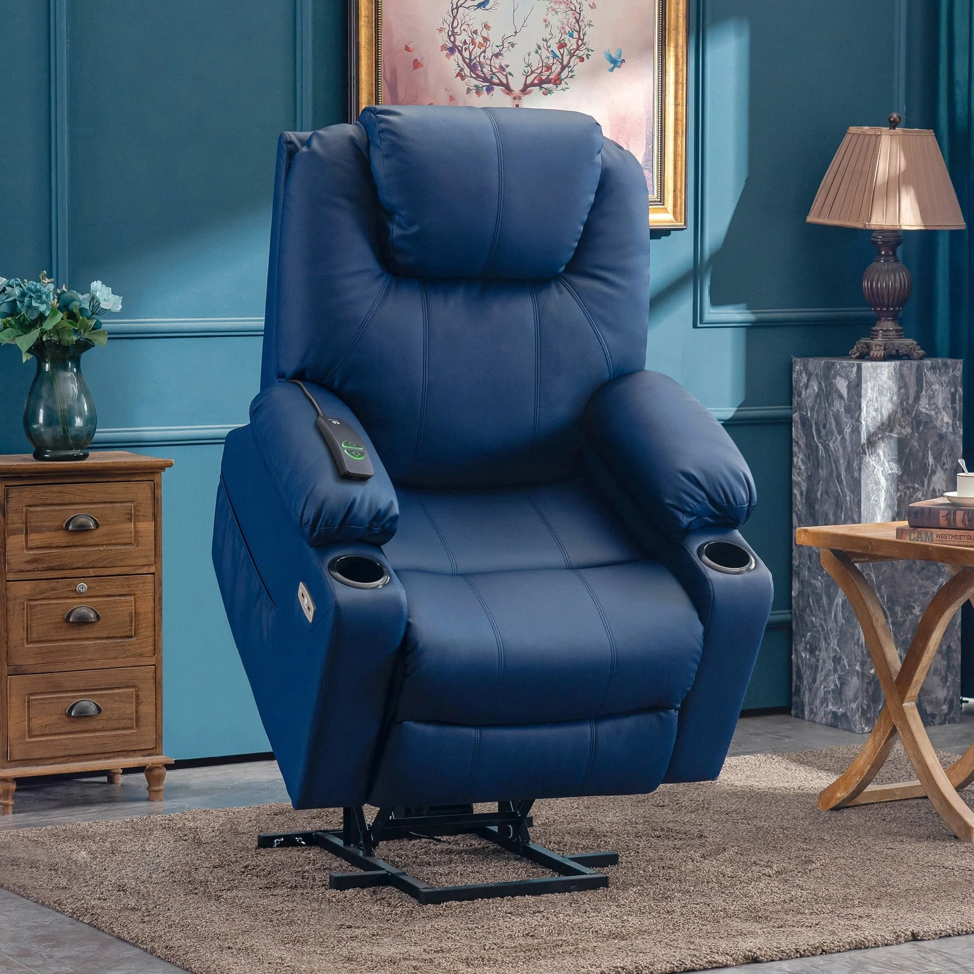 MCombo Large Power Lift Recliner Leather Chair with Massage, Heat, Cup Holders,Extended Footrest, Leather 7516