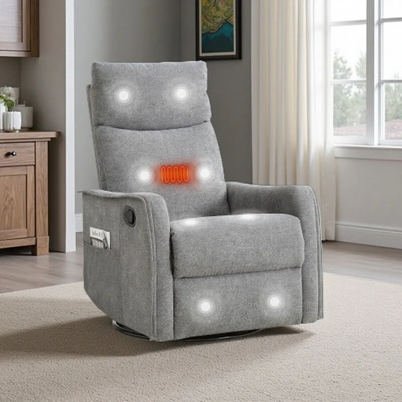 Fabric Recliner Chair with Heat, Massage, 360�� Swivel Base, Adjustable Backrest, and Lumbar Support for Living Room Comfort