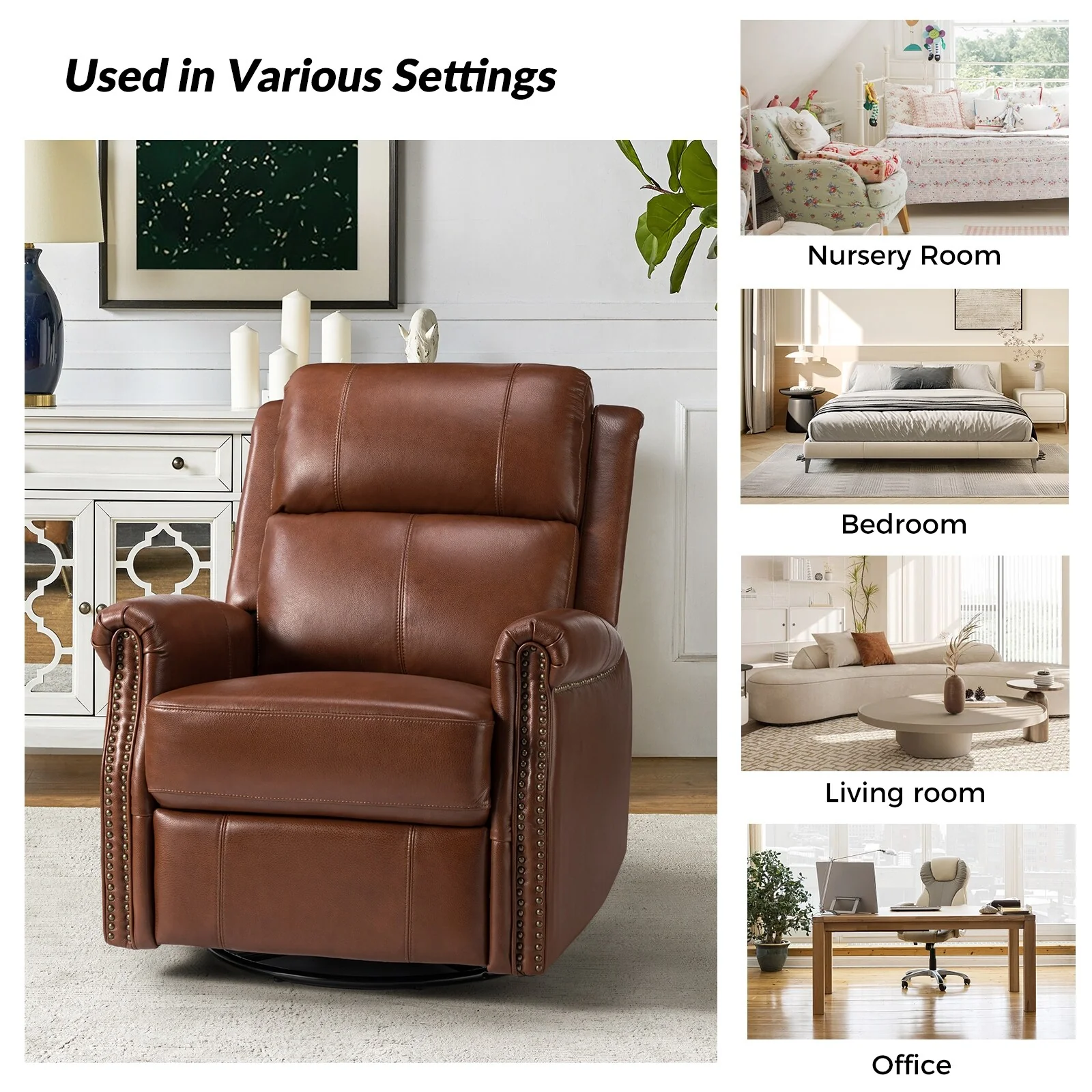 Renato Traditional Genuine Leather Nailhead Power Swivel Recliner Chair with Metal Base Set of 2 by HULALA HOME