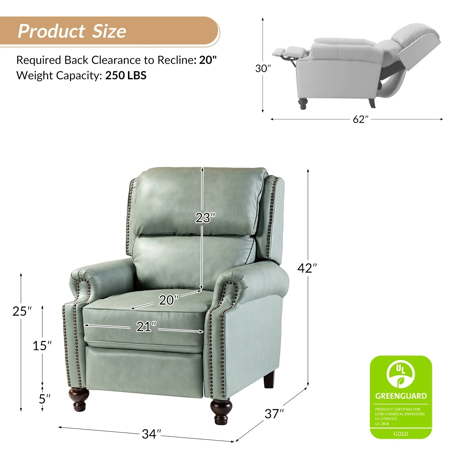 Gabriela Mid-Century Modern Genuine Leather Recliner Nail Head Trim Set of 2 by HULALA HOME