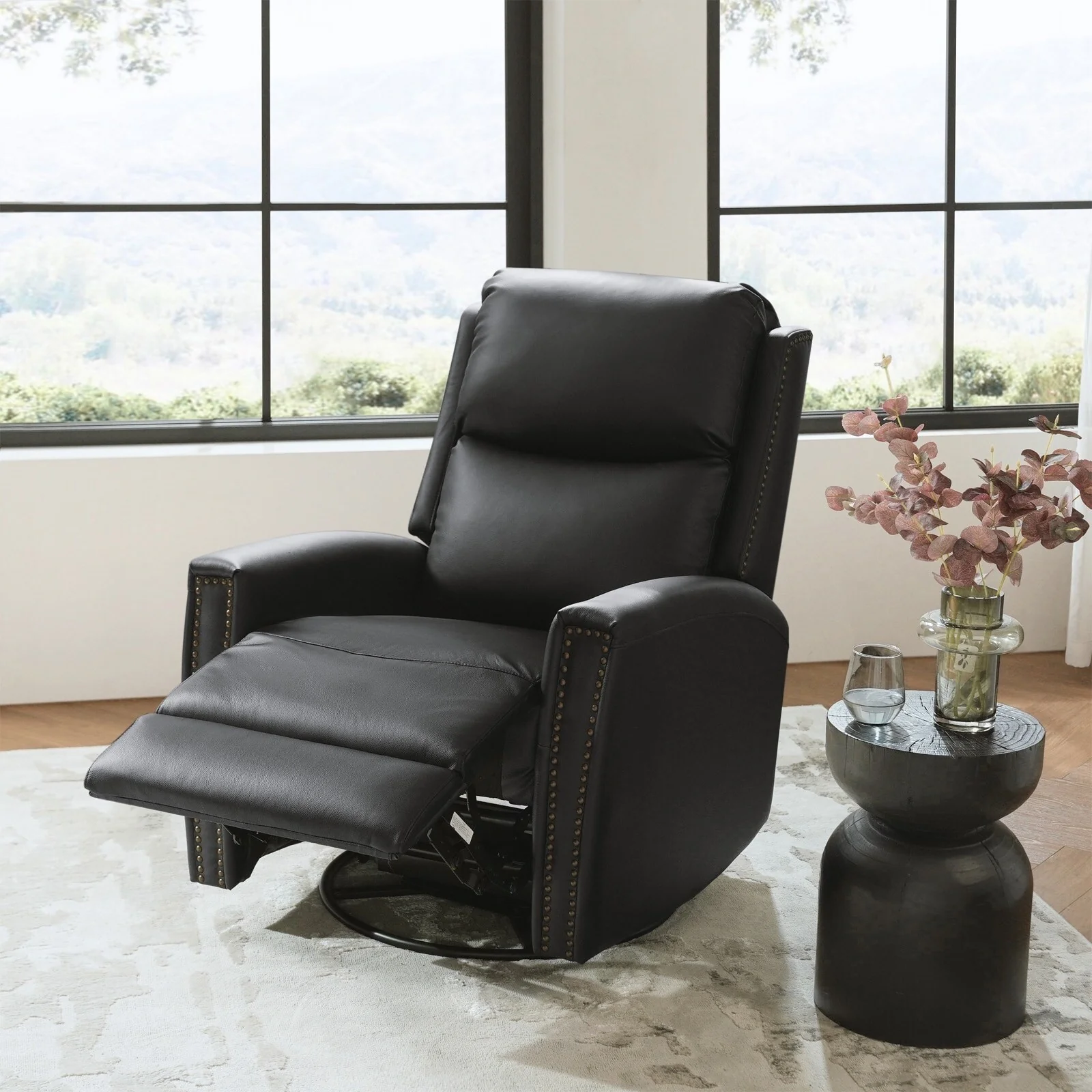 Fiacro 30.31Wide Modern Genuine Leather Wingback Swivel Rocker Recliner with Nailhead Trims