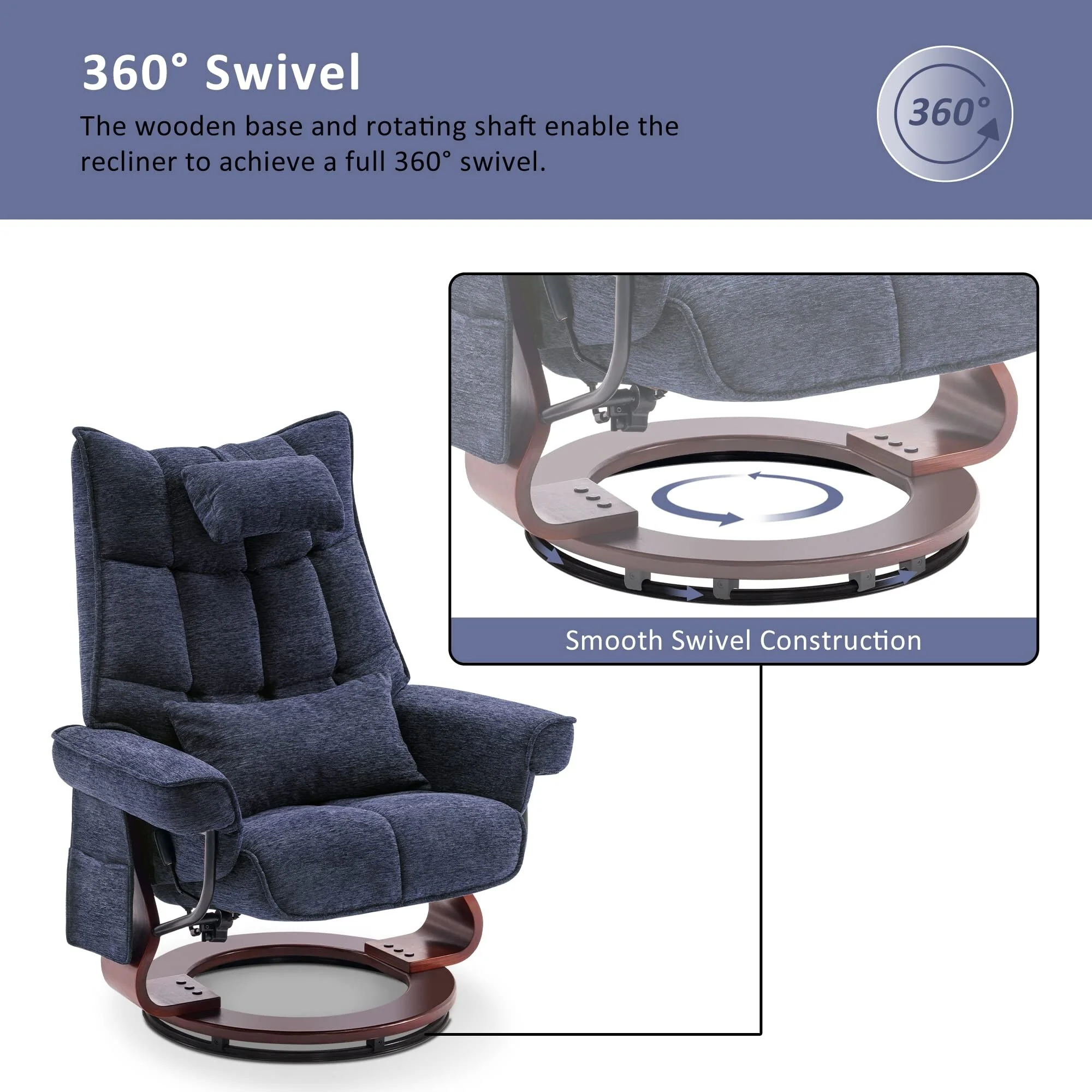 MCombo Swivel Recliner with Ottoman and Neck Pillow, Chenille Fabric