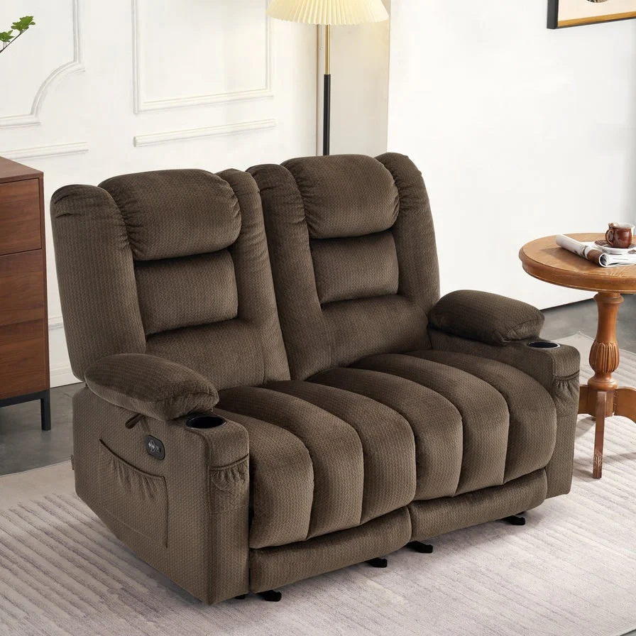 MCombo Power Reclining Loveseat Sofa with Heat and Massage, Fabric PR648