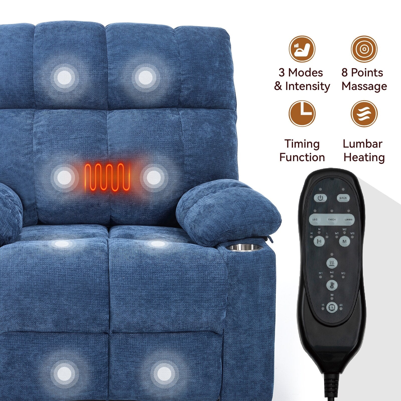 Lift Recliner Chair, Heavy Duty Motion Mechanism with 8-Point Vibration Massage and Lumbar Heating, Dual Cup Holders