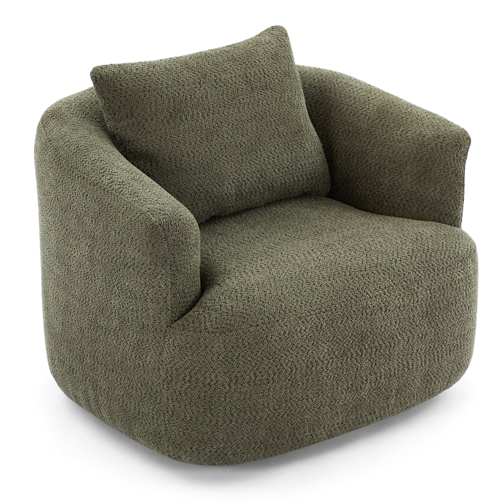 360�� Swivel Chair, 38.2 Boucle Accent Chair with Throw Pillow, Upholstered Barrel Sofa Chair with Curved Armrests
