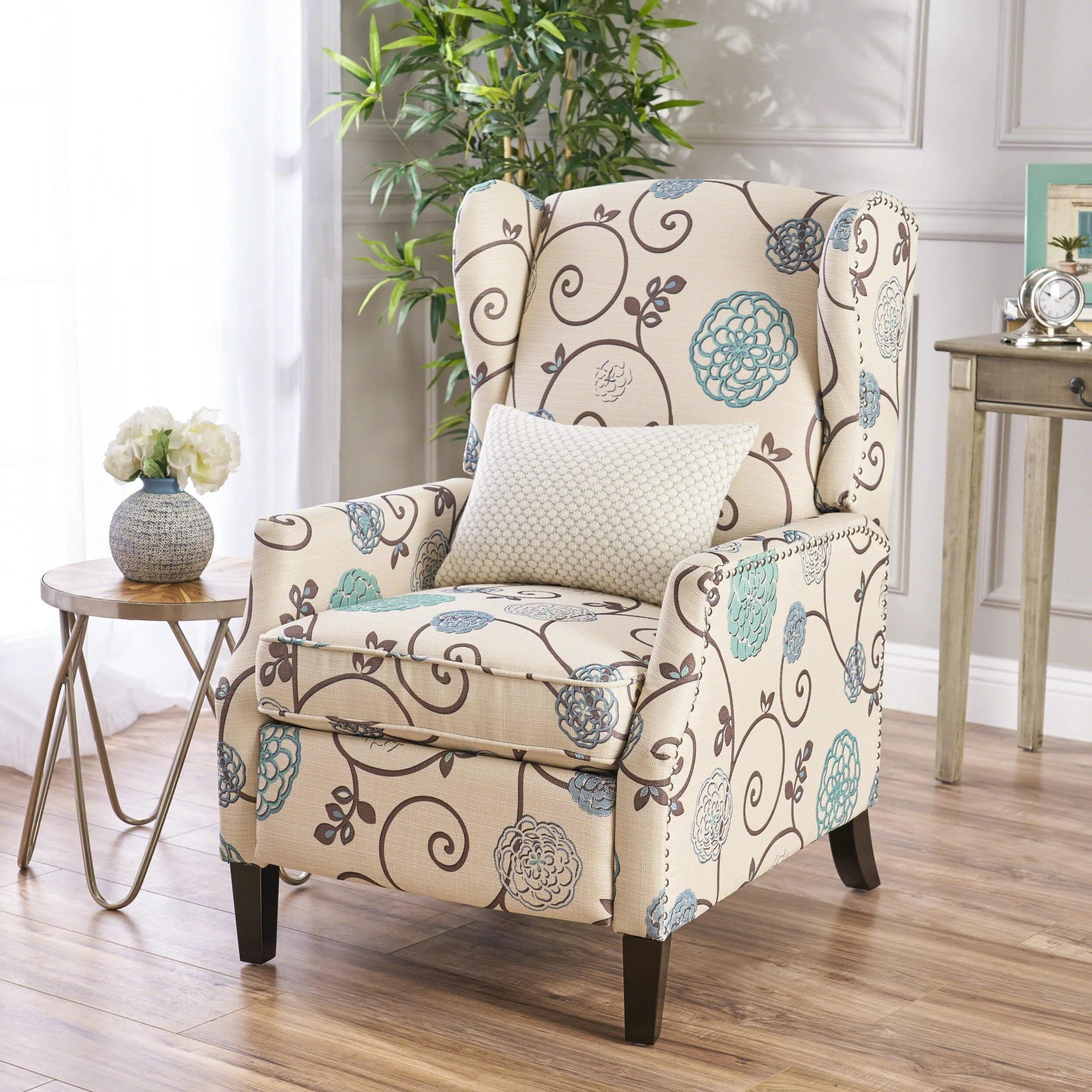 Roomfitters Floral Push-Back Recliner Chair with Wingback Design, Tapered Wood Legs