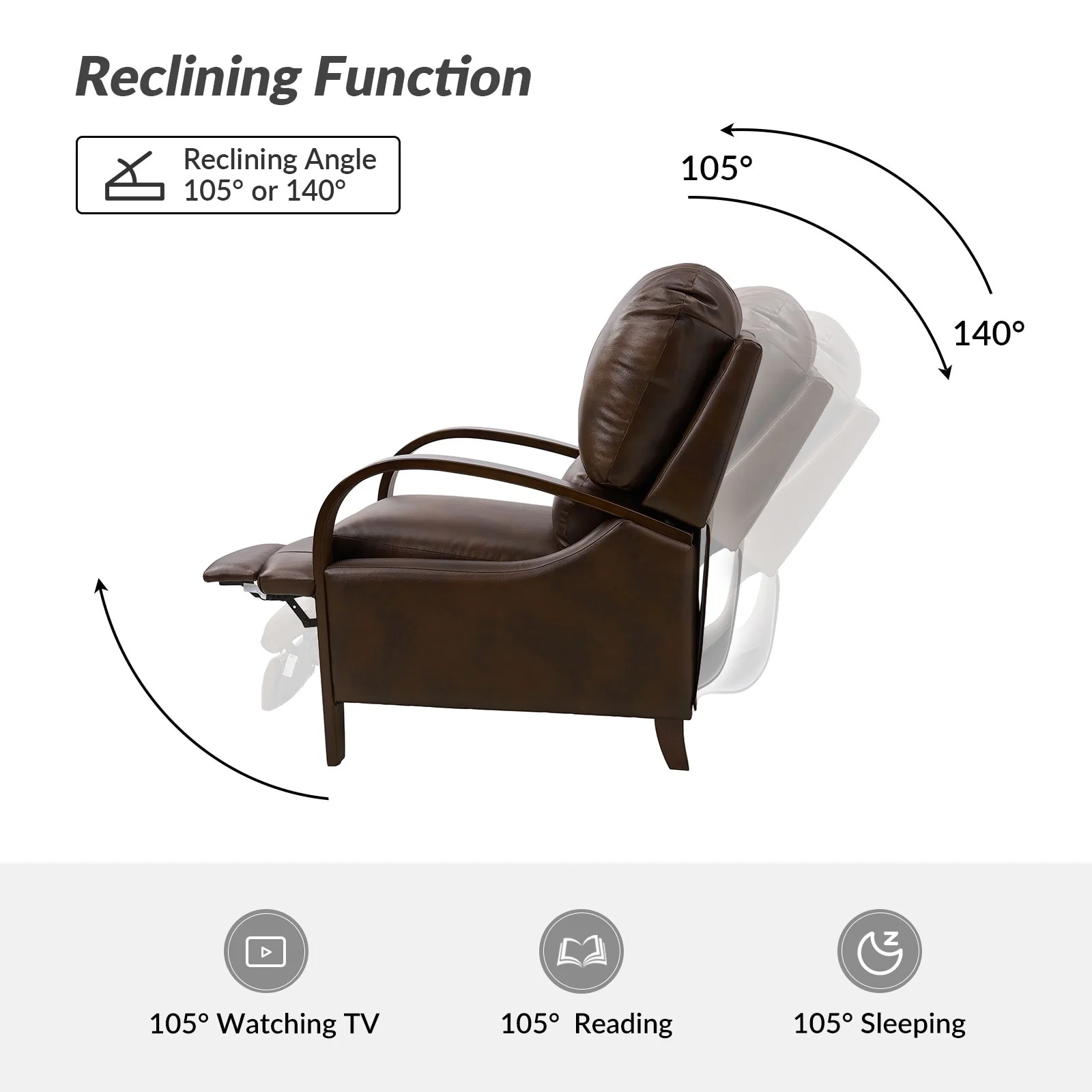 Alex Mid-century Modern Cigar Genuine Leather Manual Recliner with Wooden Curved Arms