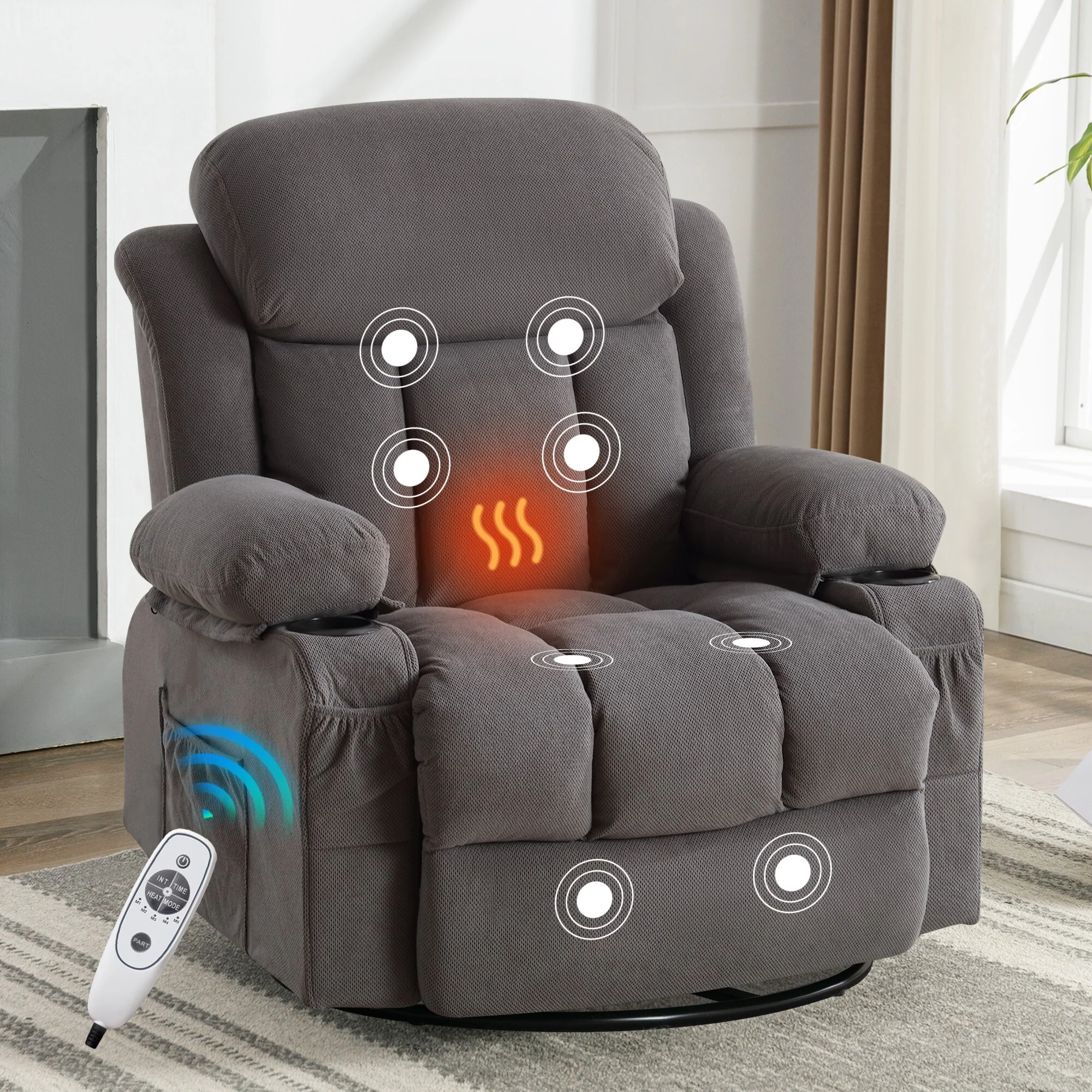 Swivel Massage Recliner Chair in Velvet with Heat & USB