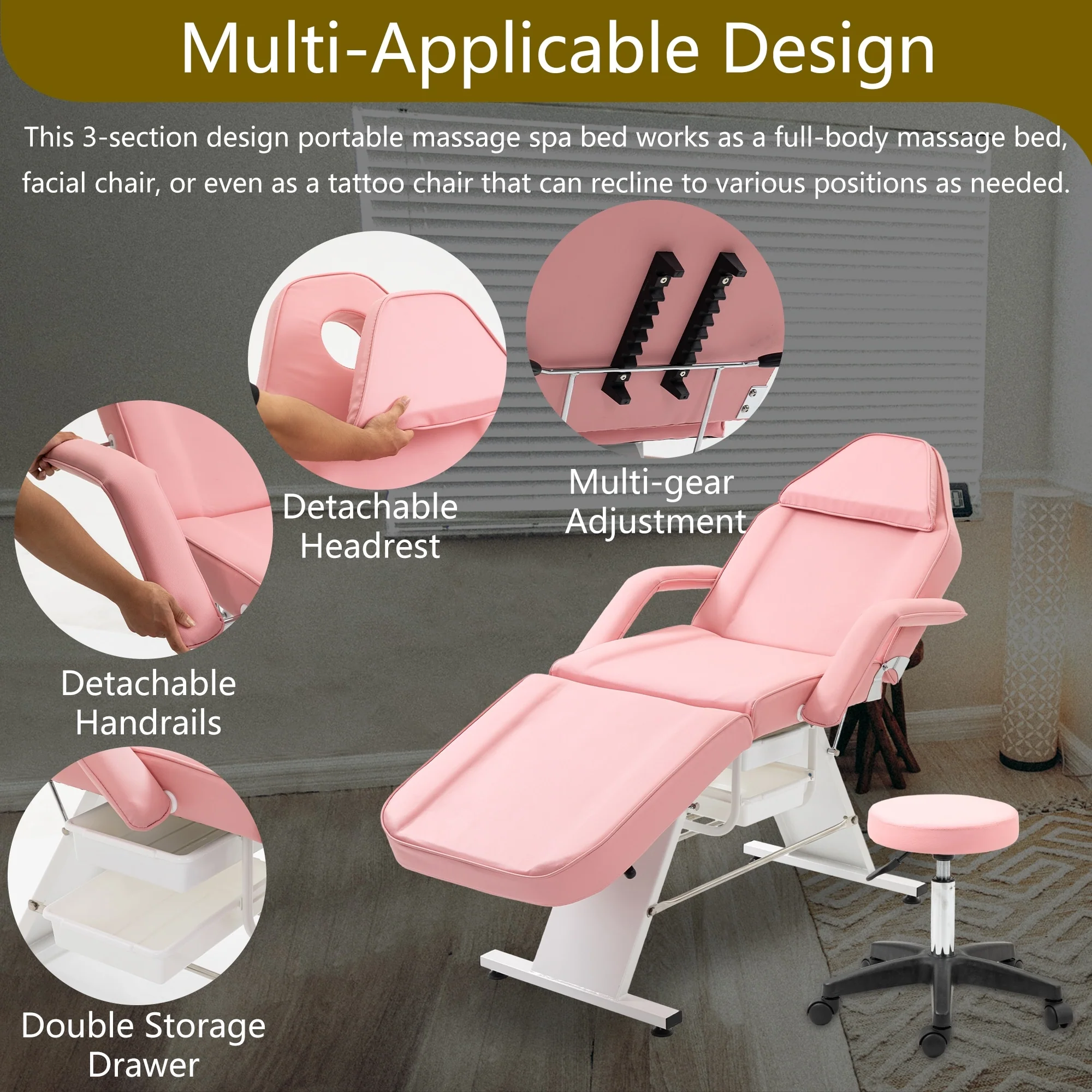 Professional Massage Spa Salon Bed Chair, Folding Lash Bed with Hydraulic Stool Adjustable Facial Chair Bed
