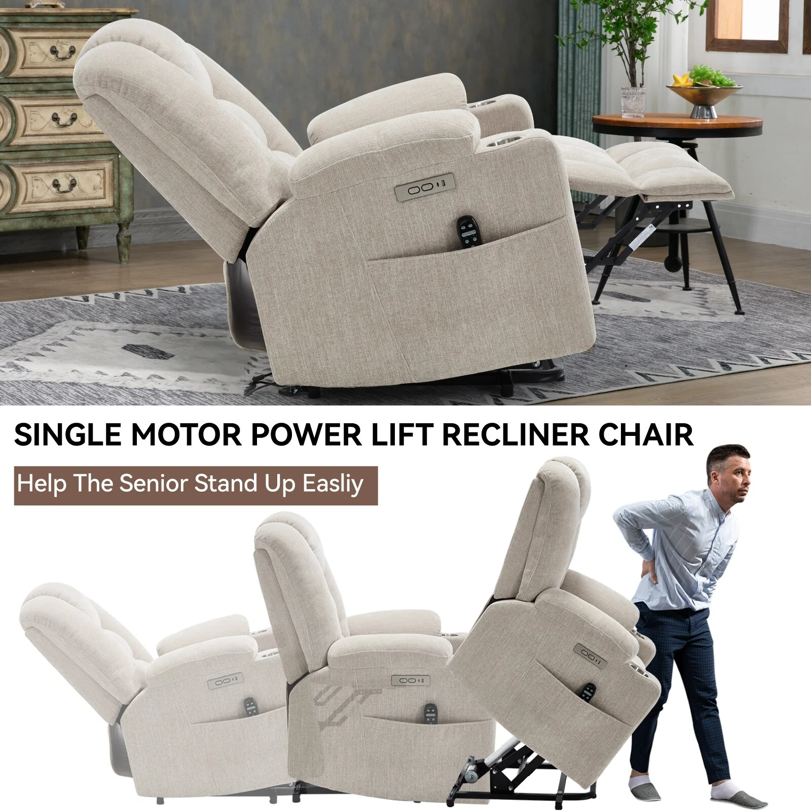 Power Lift Recliner Chair with Dual USB, Cup Holders & Chenille Fabric
