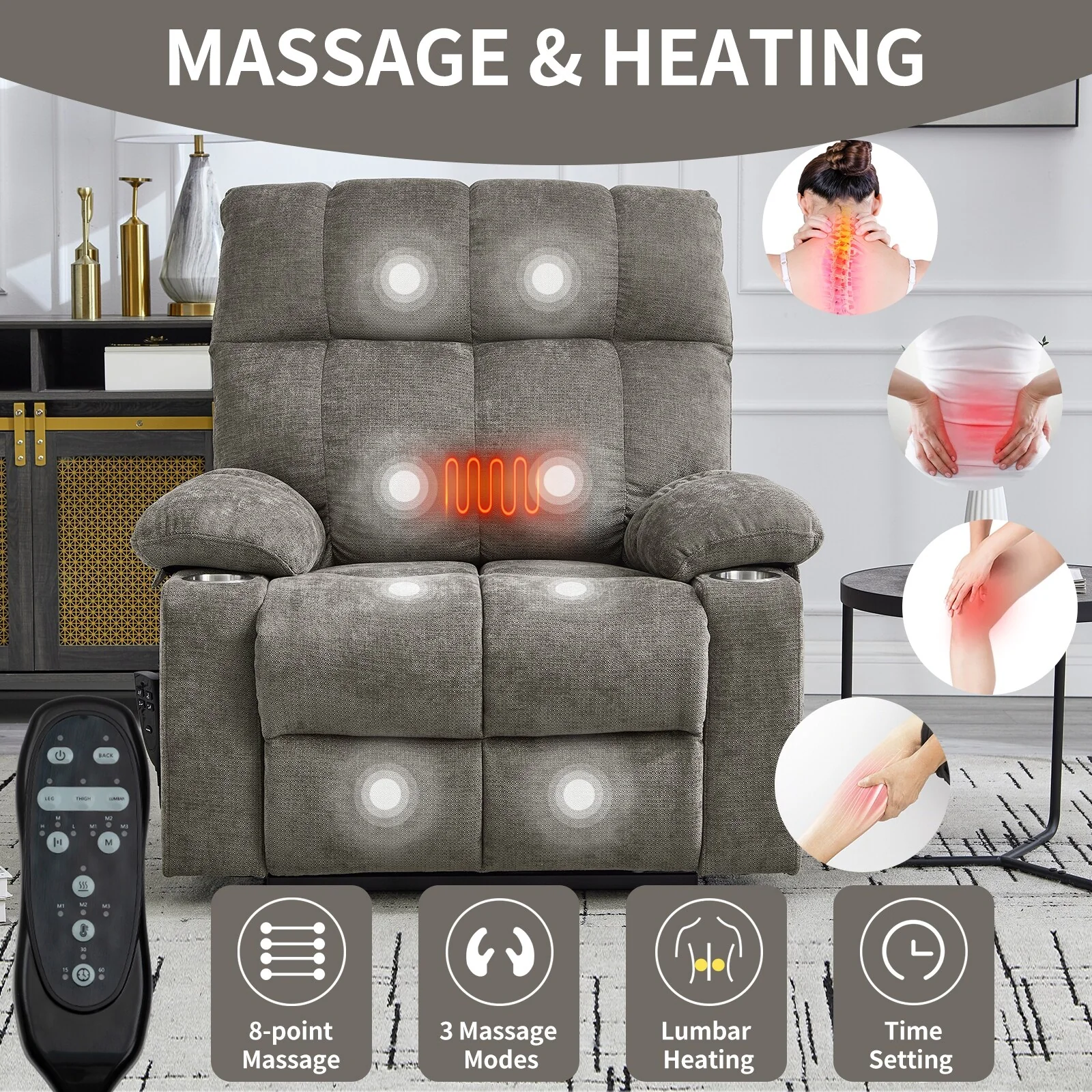 Recliner Chair, Heavy Duty Motion Mechanism with 8-Point Vibration Massage and Lumbar Heating, Dual Cup Holders