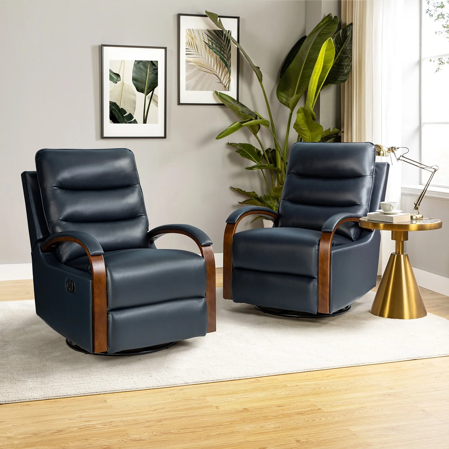 Leopold Genuine Leather Swivel Rocking Manual Recliner Chair with Wooden Arm Accents Set of 2 by HULALA HOME