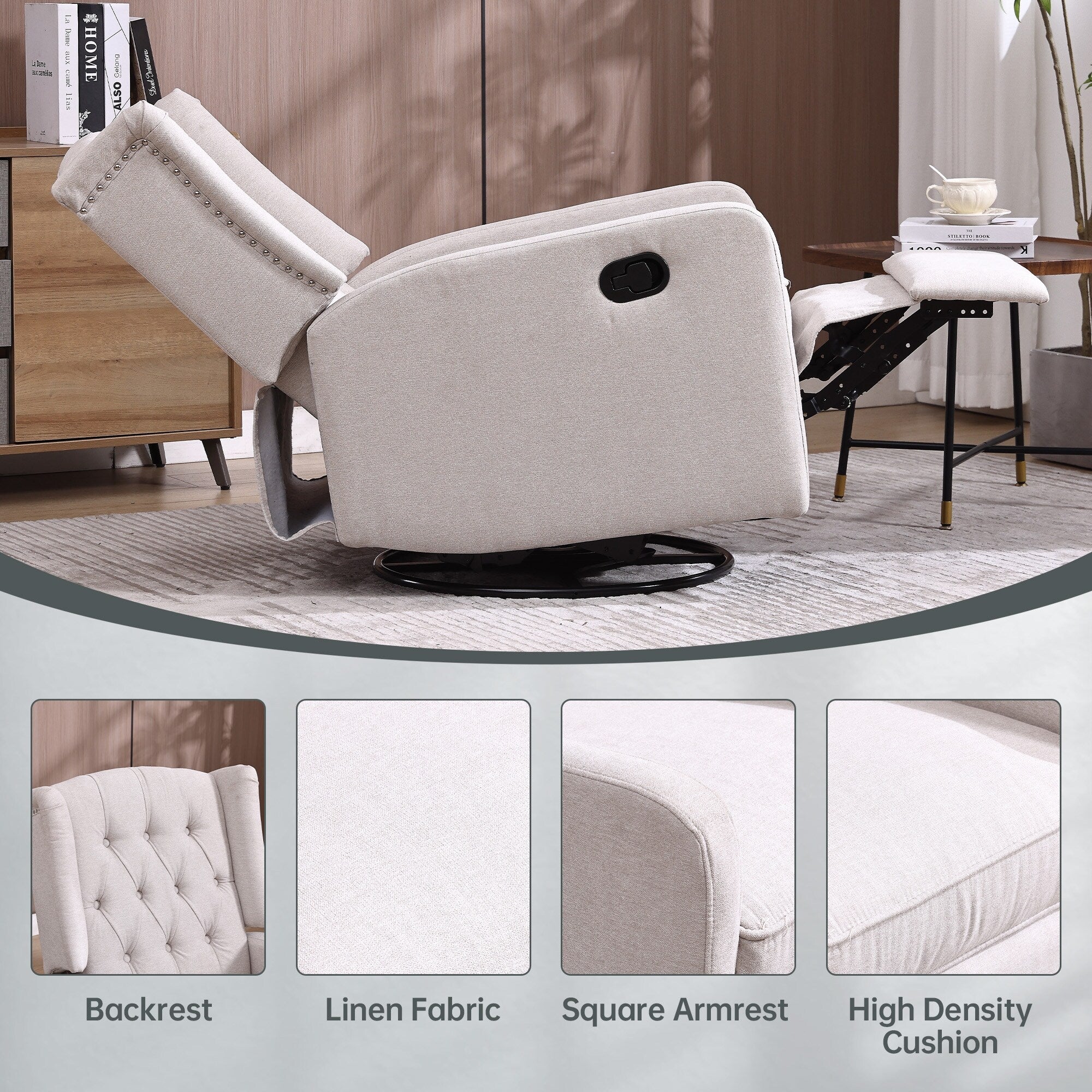 Swivel Recliner Lounge Chair with Footrest, Glider Motion & Ergonomic Design