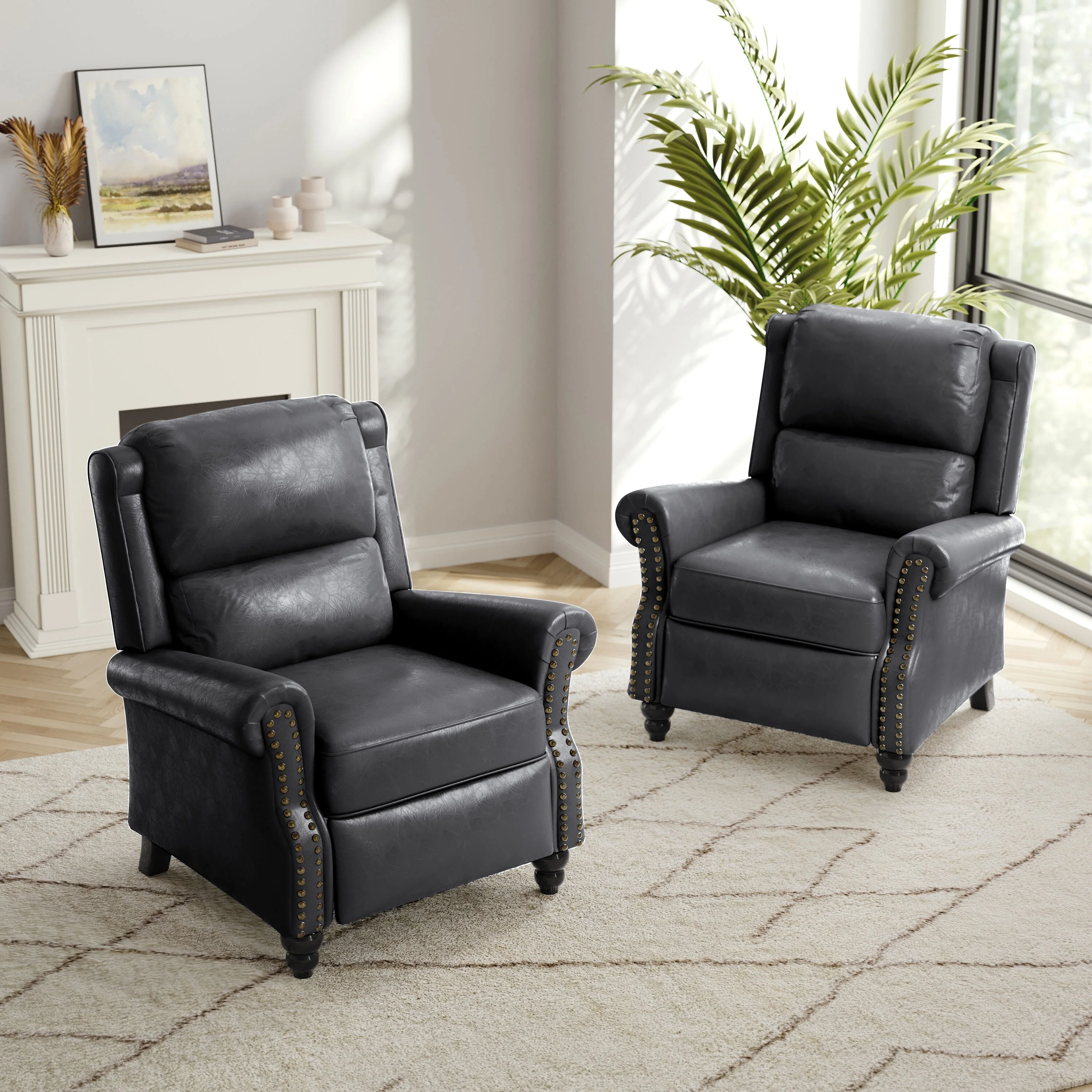 2 Set Nail-head Padded Seat Pushback Recliner Chair