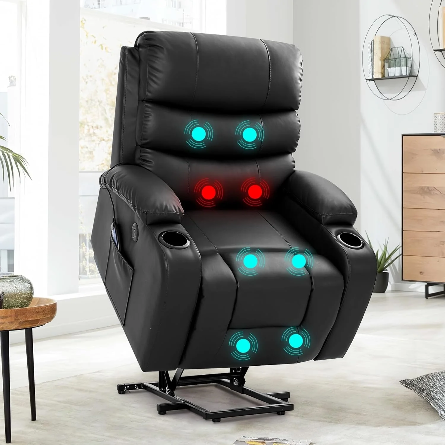 EROMMY Oversized Power Lift Recliner with Massage  Heat �C PU Leather Chair with Pockets, Cup Holders  USB Port