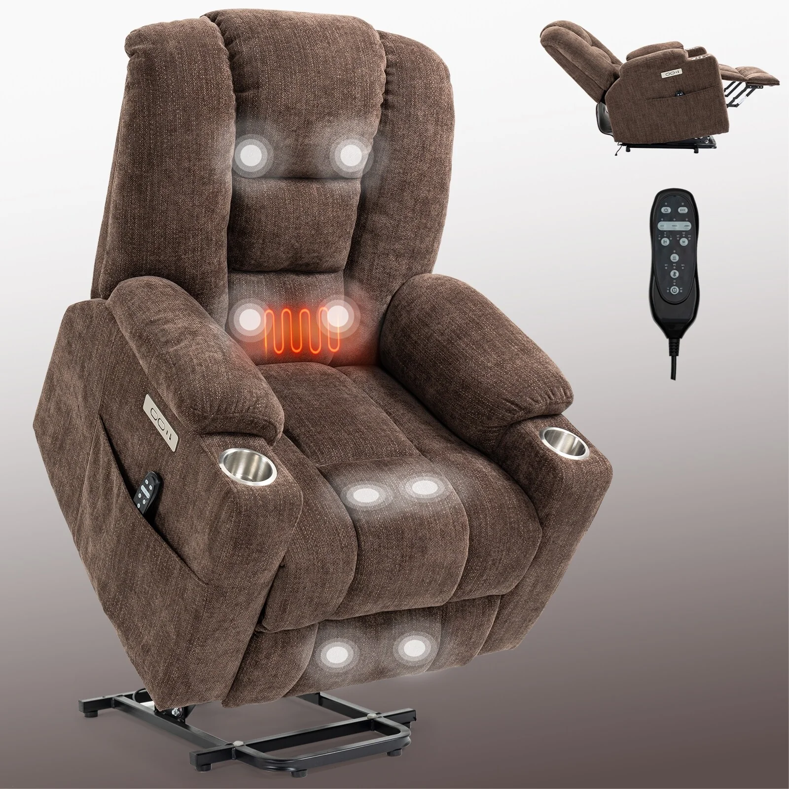 Power Lift Recliner Chair with Dual USB, Cup Holders & Chenille Fabric