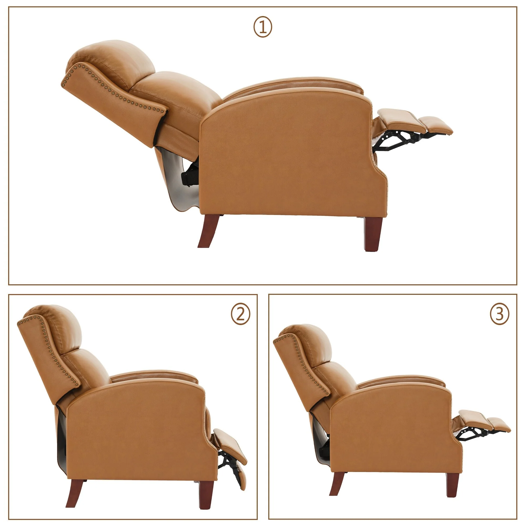 Genuine Leather Pushback Recliner with Multi-Angle Seat Back and Solid Wood Legs