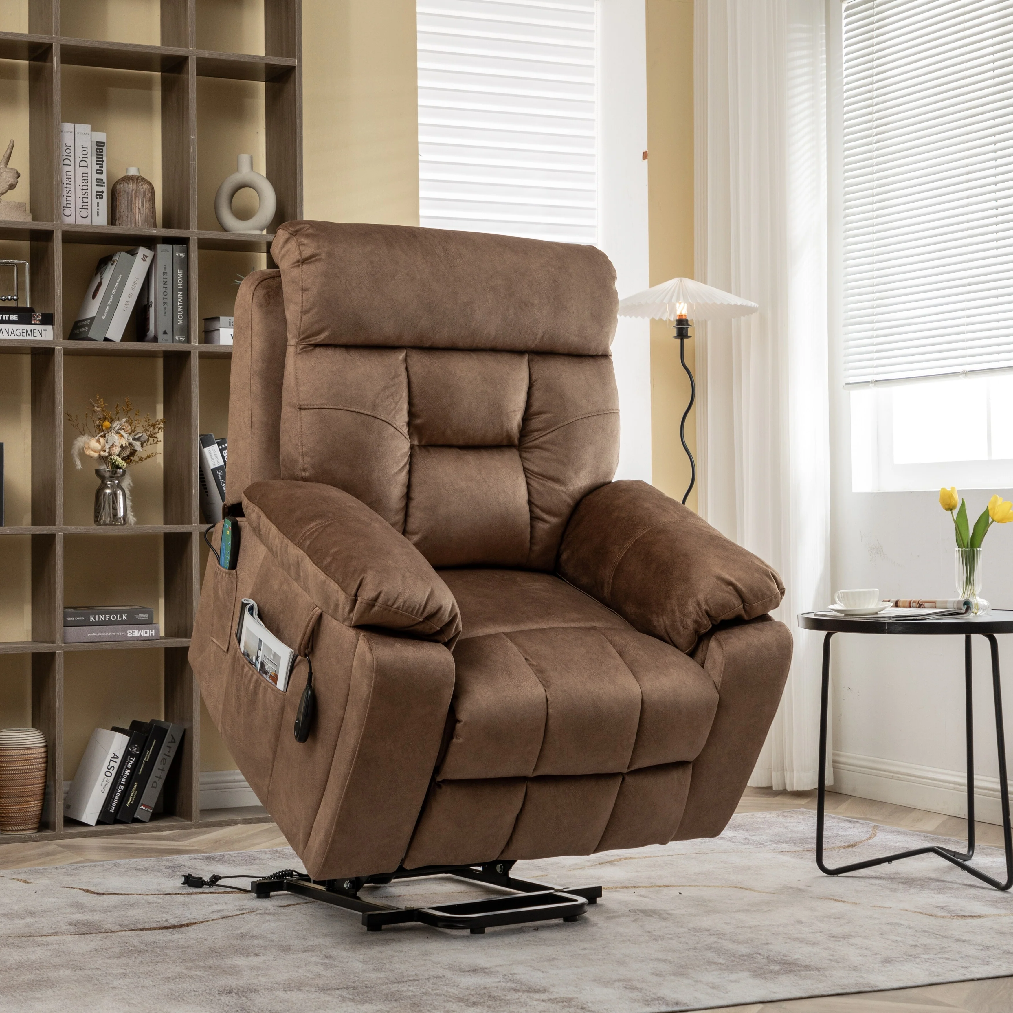 Brown Velvet Lift Recliner, Massage, Hidden Cup Holder, Pockets