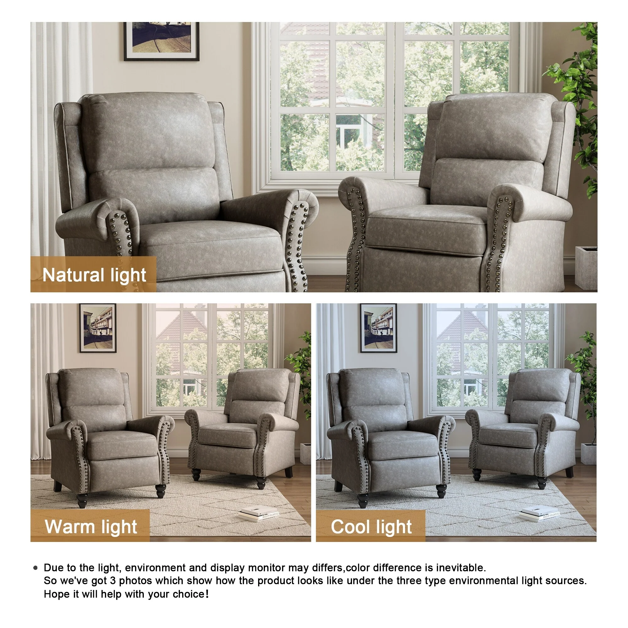 2 Set Manual Pushback Recliner Chair with Nailhead Trim