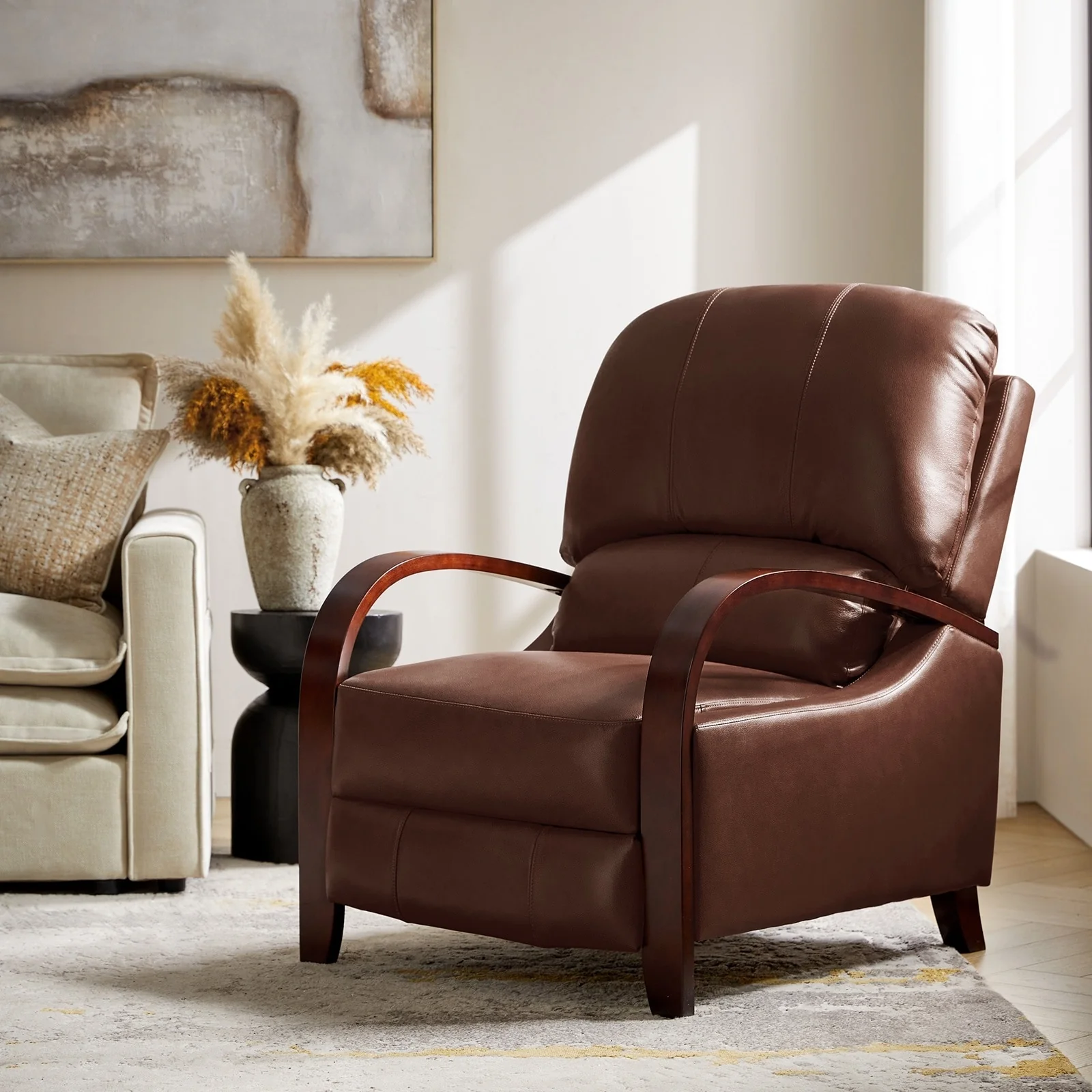 Alex Mid-century Modern Cigar Genuine Leather Manual Recliner with Wooden Curved Arms