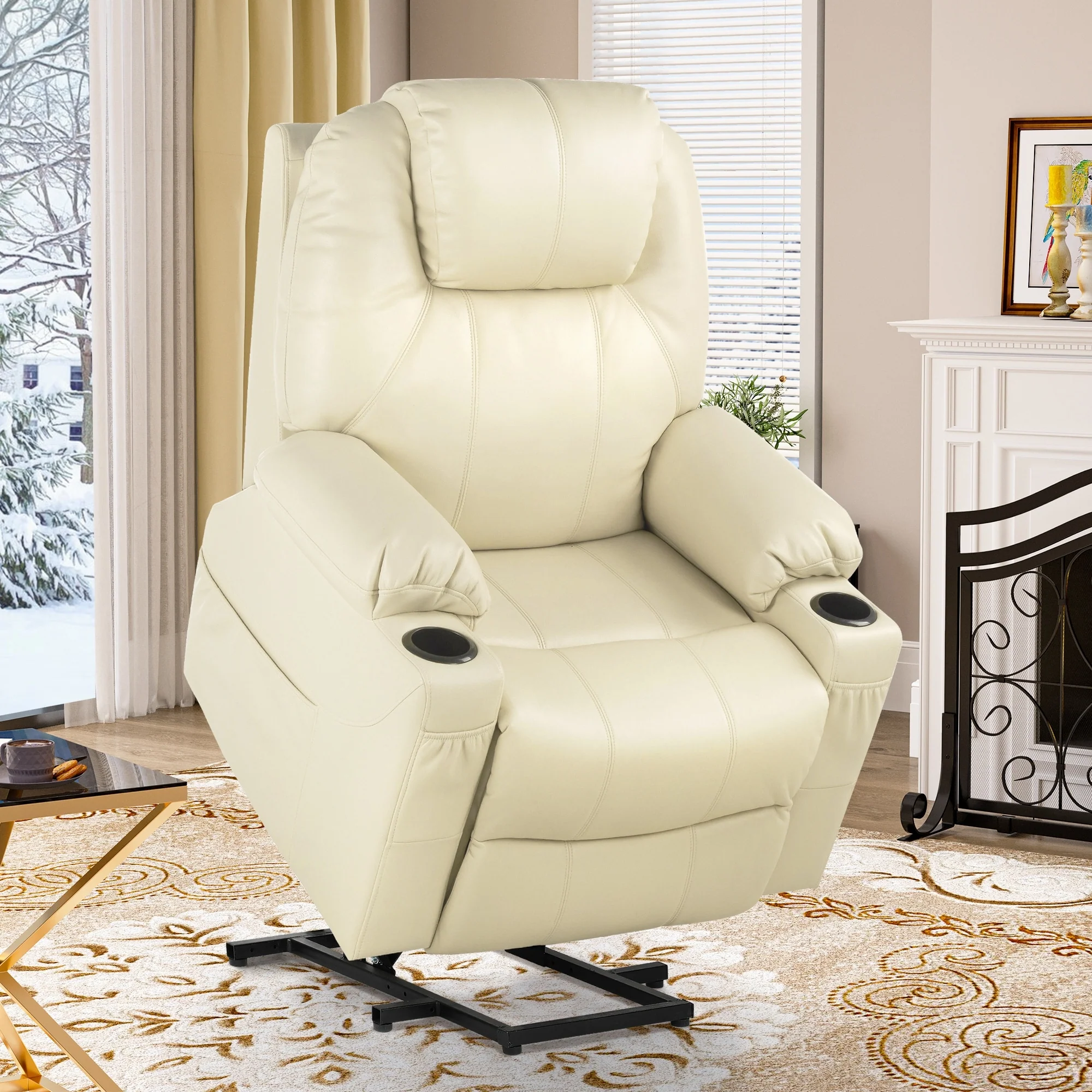 Modern Off White Reclining Chair Faux Leather/Fabric Massage