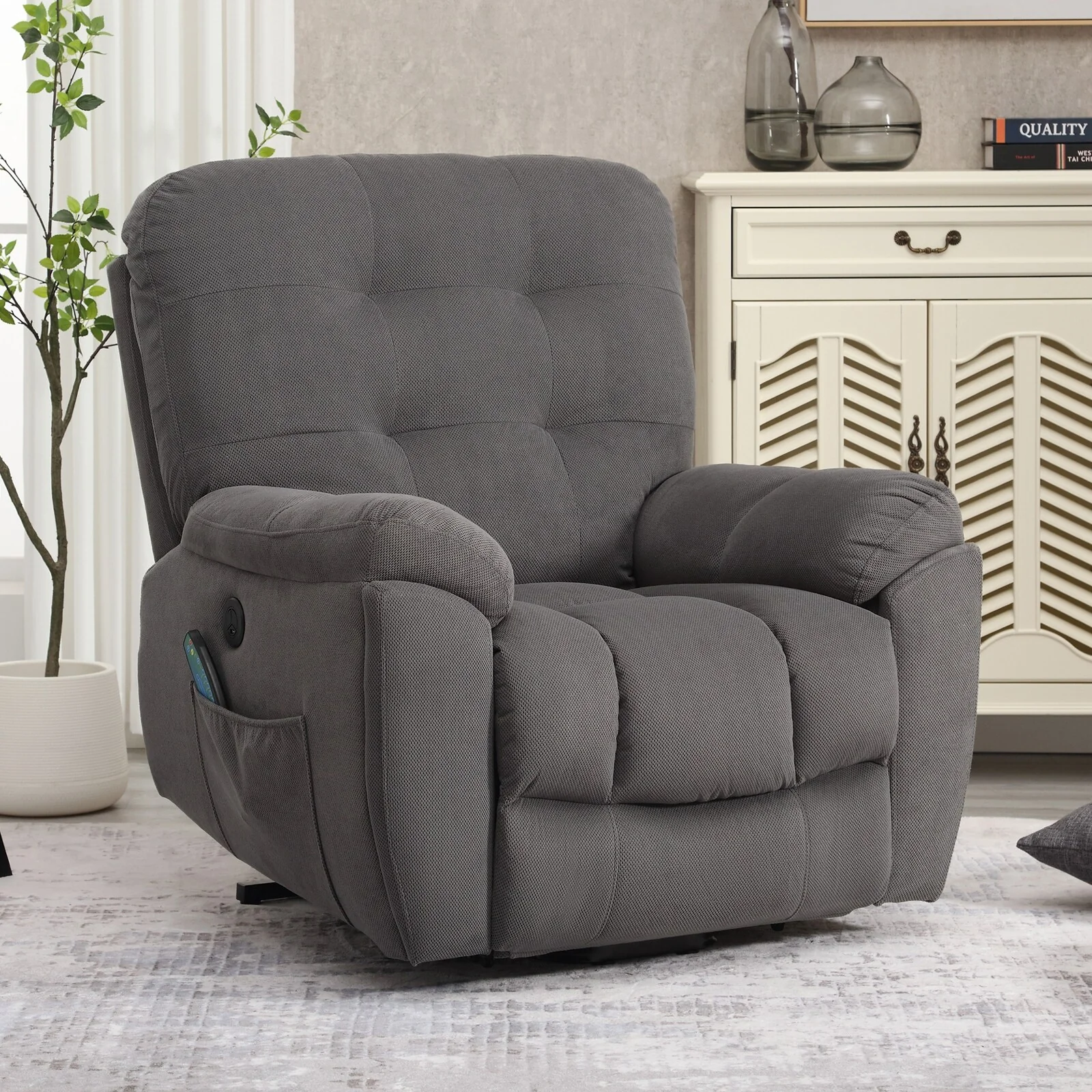 Grey Power Lift Recliner with Vibration Massage, Heat, USB, and Hidden Cup Holders