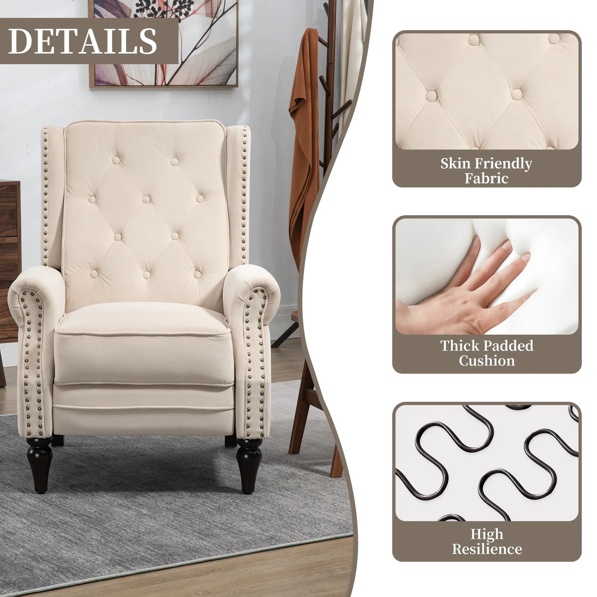 Velvet Upholstered Nailhead Tufted Recliner Chair with Black Legs