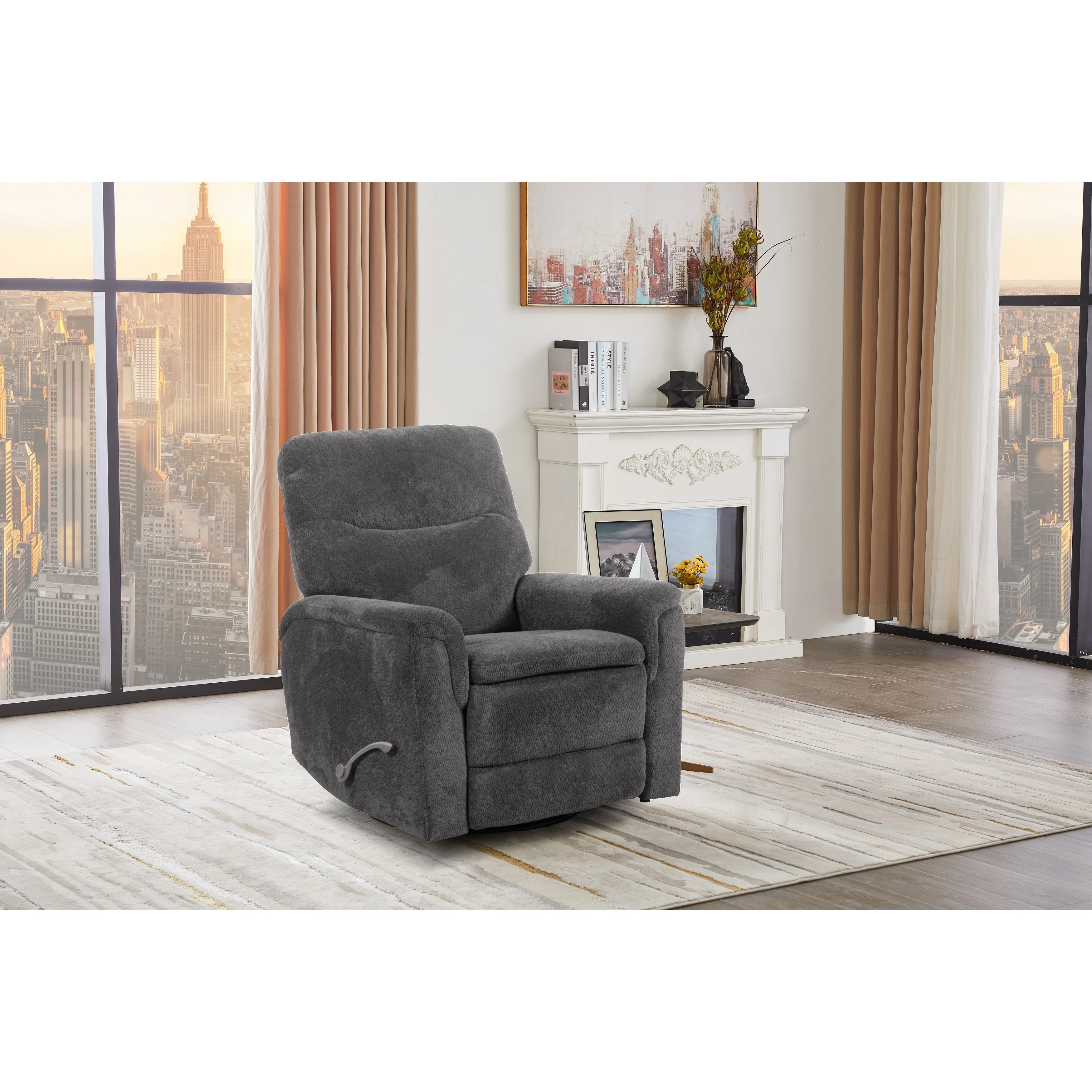 Cozy Upholstered Manual Swivel Recliner, Gun Metal
