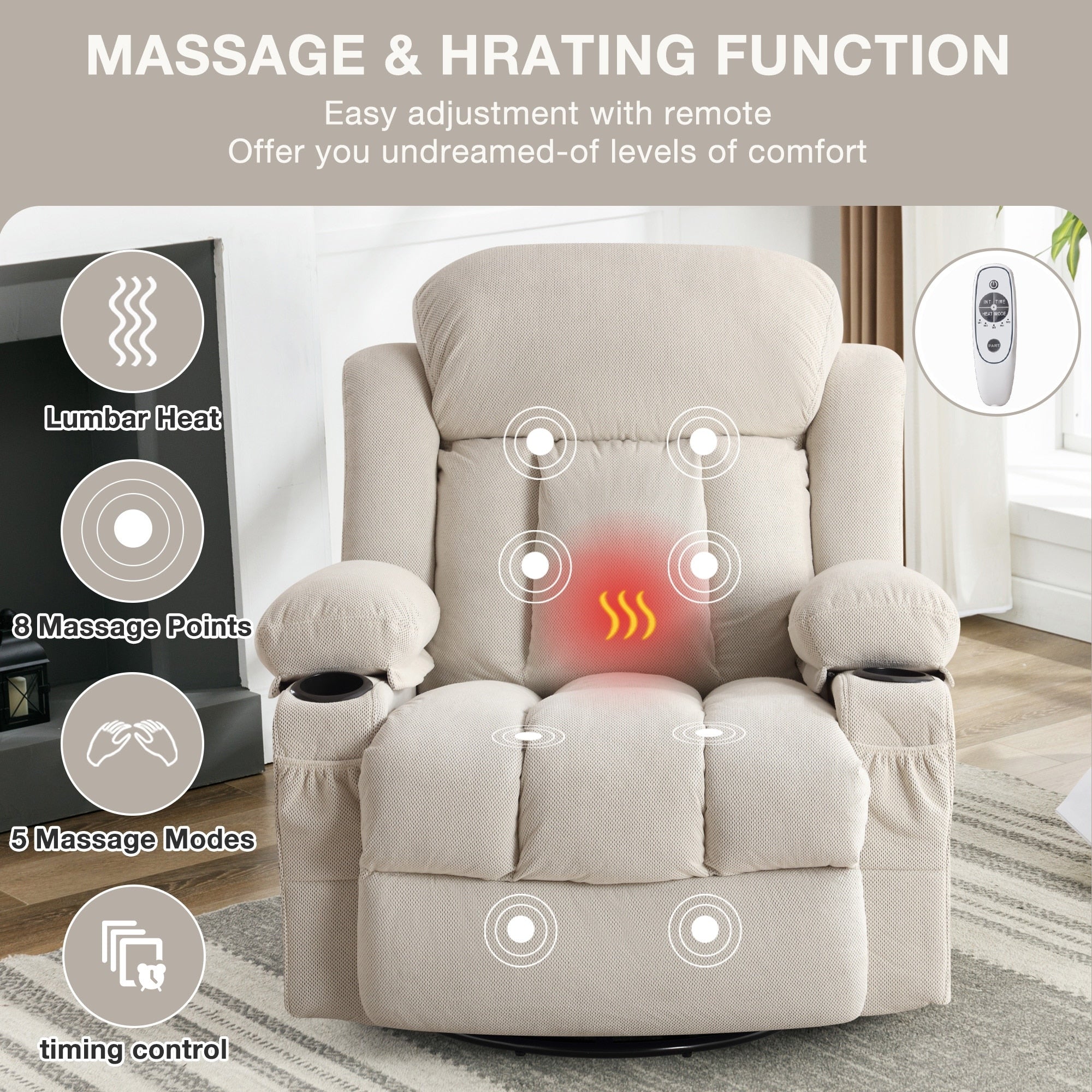 Swinging Recliner Massage Heated Sofa, With Usb And 2 Cup Holders In Side Pockets